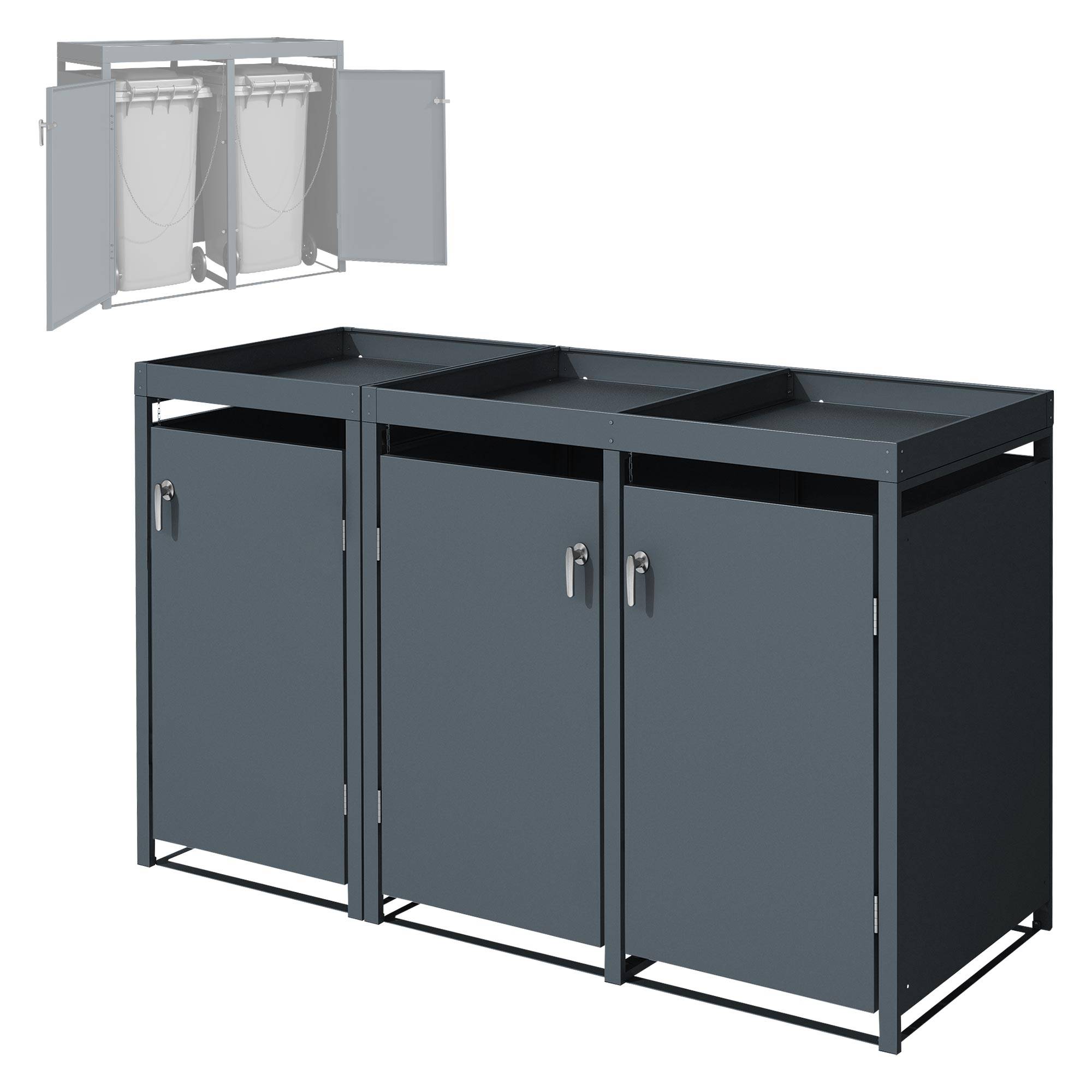 Abri pour 3 poubelles 200x80x124 cm capacité de 60L à 240L anthracite en acier avec toit pour plantes et fleurs / 3 portes résistant aux intempéries - Image 9
