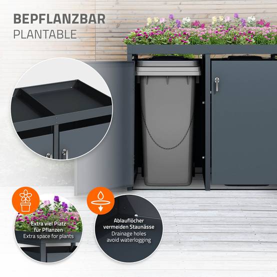 Abri pour 3 poubelles 200x80x124 cm capacité de 60L à 240L anthracite en acier avec toit pour plantes et fleurs / 3 portes résistant aux intempéries - Image 5