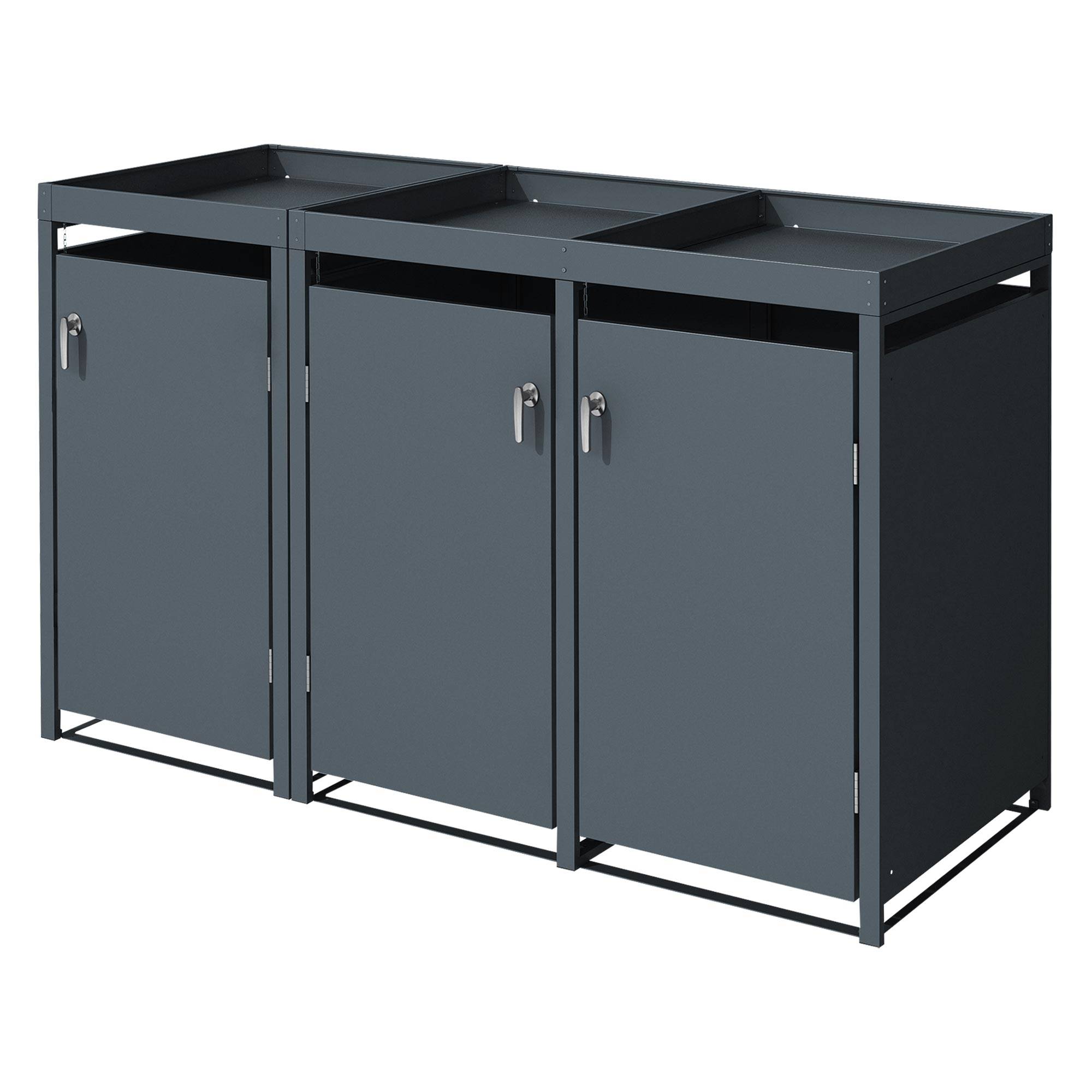 Abri pour 3 poubelles 200x80x124 cm capacité de 60L à 240L anthracite en acier avec toit pour plantes et fleurs / 3 portes résistant aux intempéries - Image 1