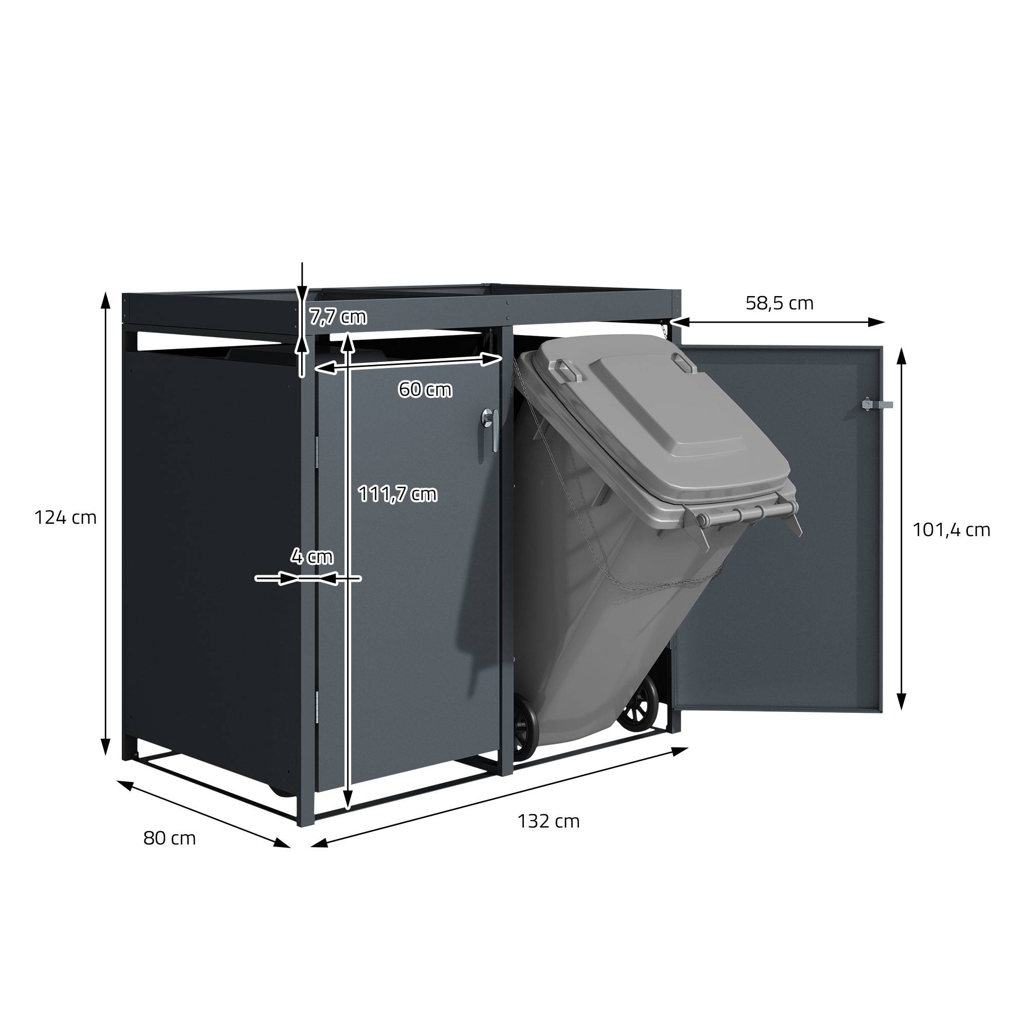 Abri pour 3 poubelles 200x80x124 cm capacité de 60L à 240L anthracite en acier avec toit pour plantes et fleurs / 3 portes résistant aux intempéries - Image 8