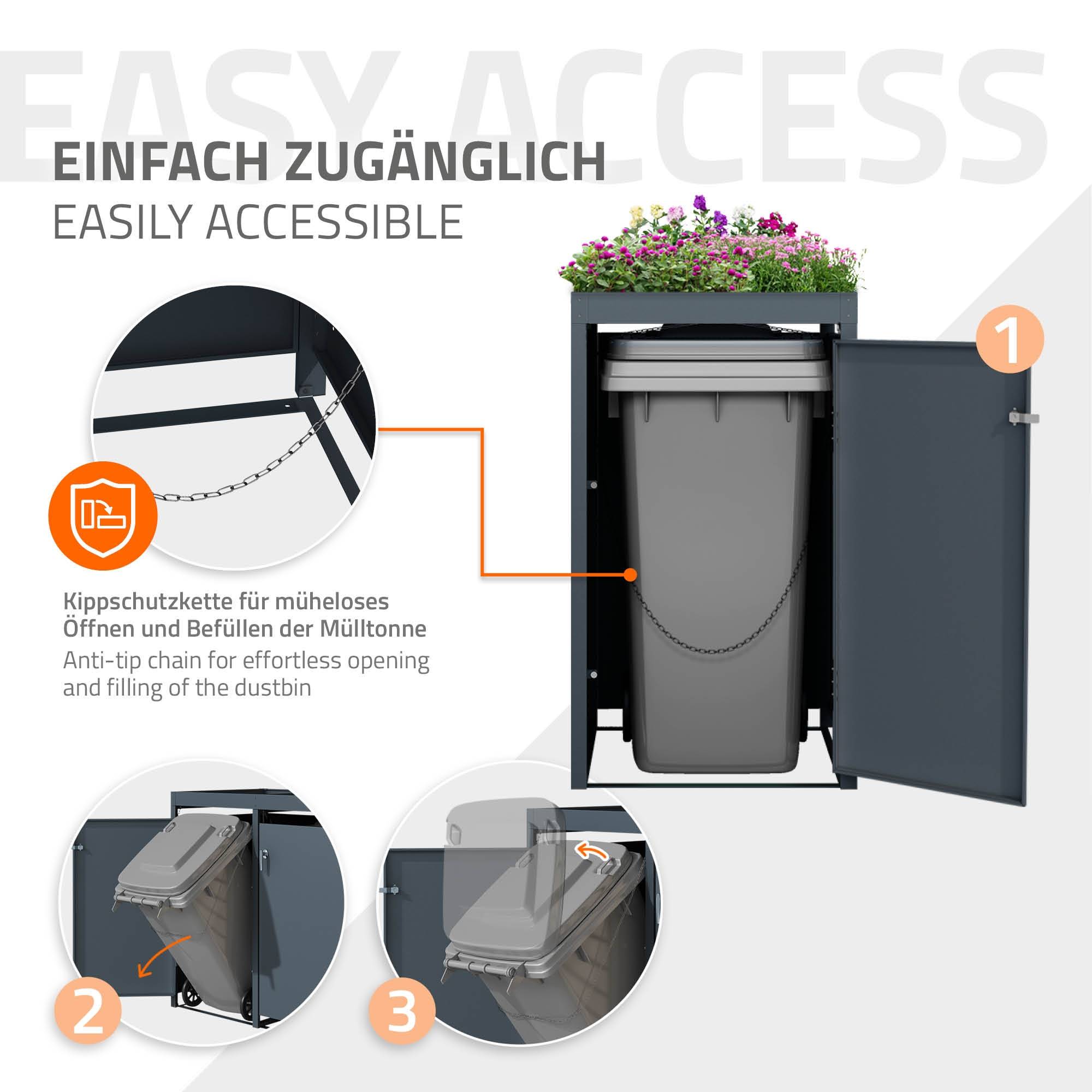 Abri pour 3 poubelles 200x80x124 cm capacité de 60L à 240L anthracite en acier avec toit pour plantes et fleurs / 3 portes résistant aux intempéries - Image 4