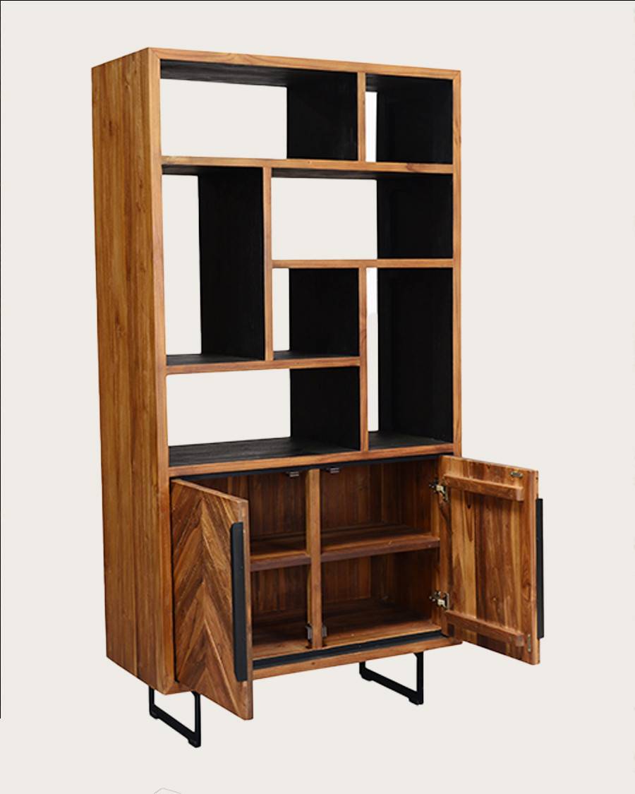 Kappa - Petite bibliothèque industrielle en teck maffis recyclé avec motif chevron 100 cm - UNIQKA - Image 5