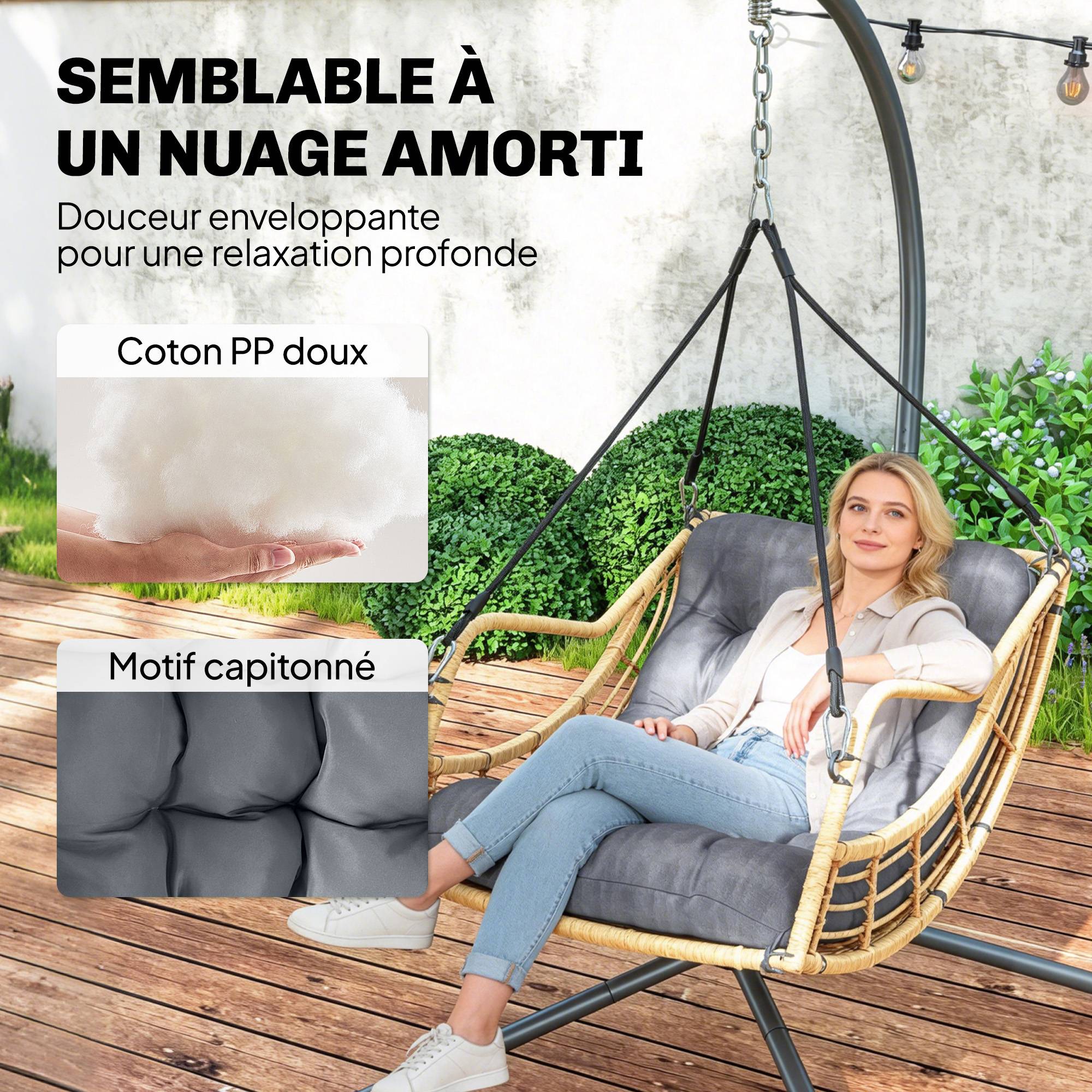 PANGIVO - Fauteuil suspendu avec support résine tressée et acier gris 118 x 100 x 192 cm - PANGIVO - Image 7