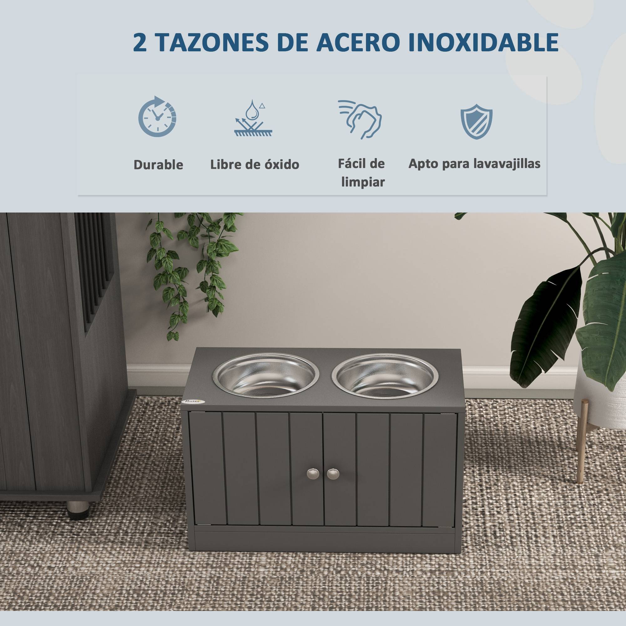 Gamelle surélevée pour grands chiens avec 2 gamelles de 2000 ml et rangement dissimulé, 60 x 30 x 35,5 cm, grise - Image 6