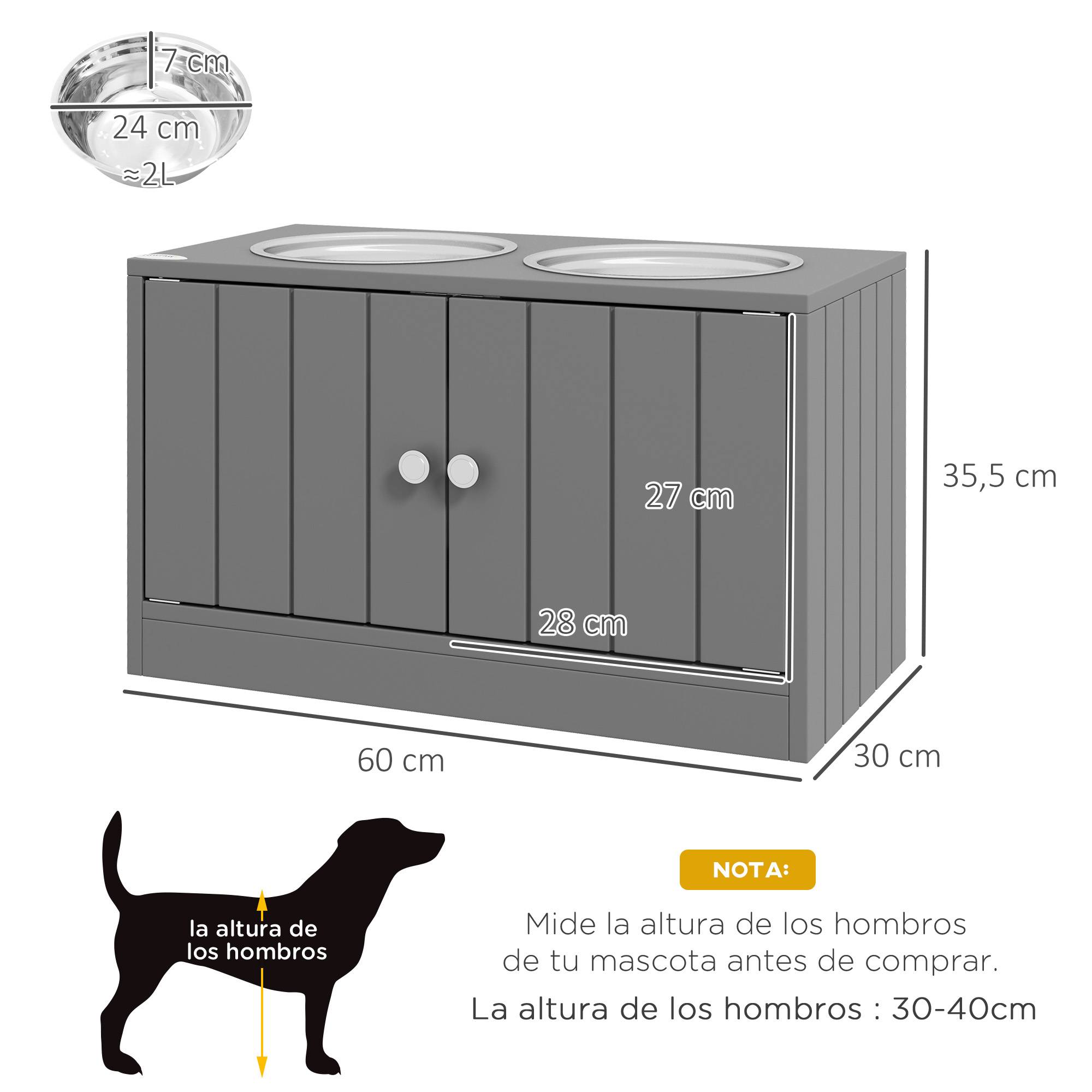 Gamelle surélevée pour grands chiens avec 2 gamelles de 2000 ml et rangement dissimulé, 60 x 30 x 35,5 cm, grise - Image 5