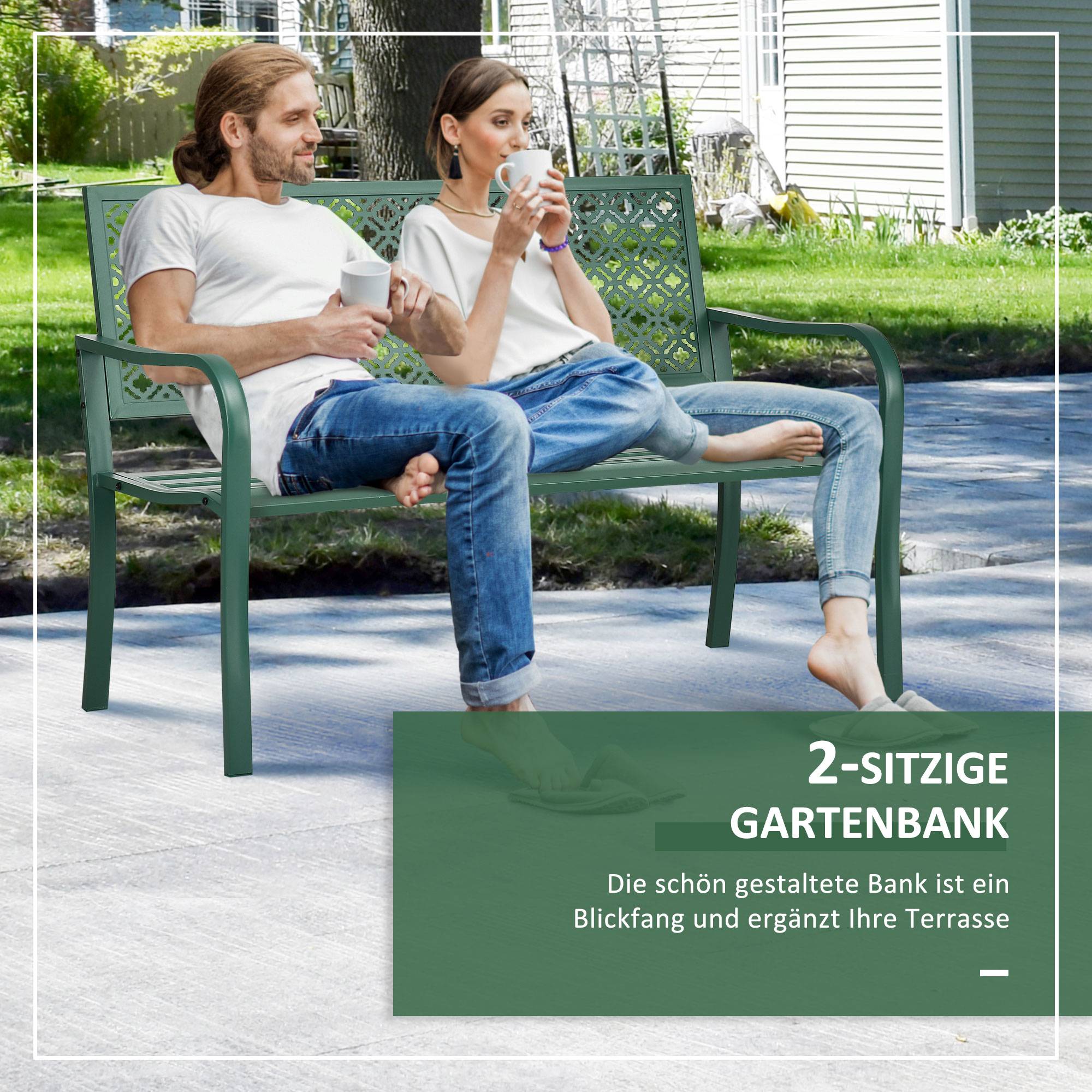 ComfortXL - Banc de jardin 2 places acier vert foncé 127 x 63 x 83 cm extérieur dossier fleuri accoudoirs charge 240 kg - Image 5