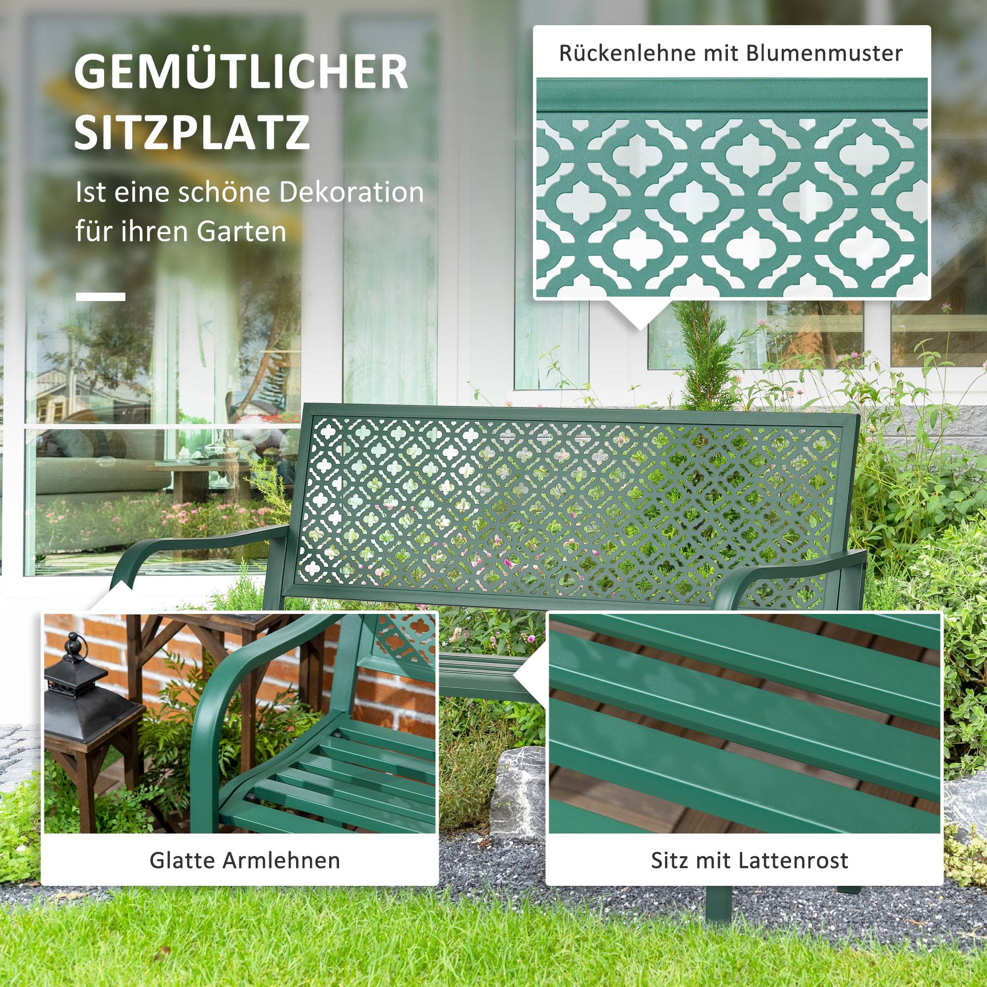 ComfortXL - Banc de jardin 2 places acier vert foncé 127 x 63 x 83 cm extérieur dossier fleuri accoudoirs charge 240 kg - Image 4