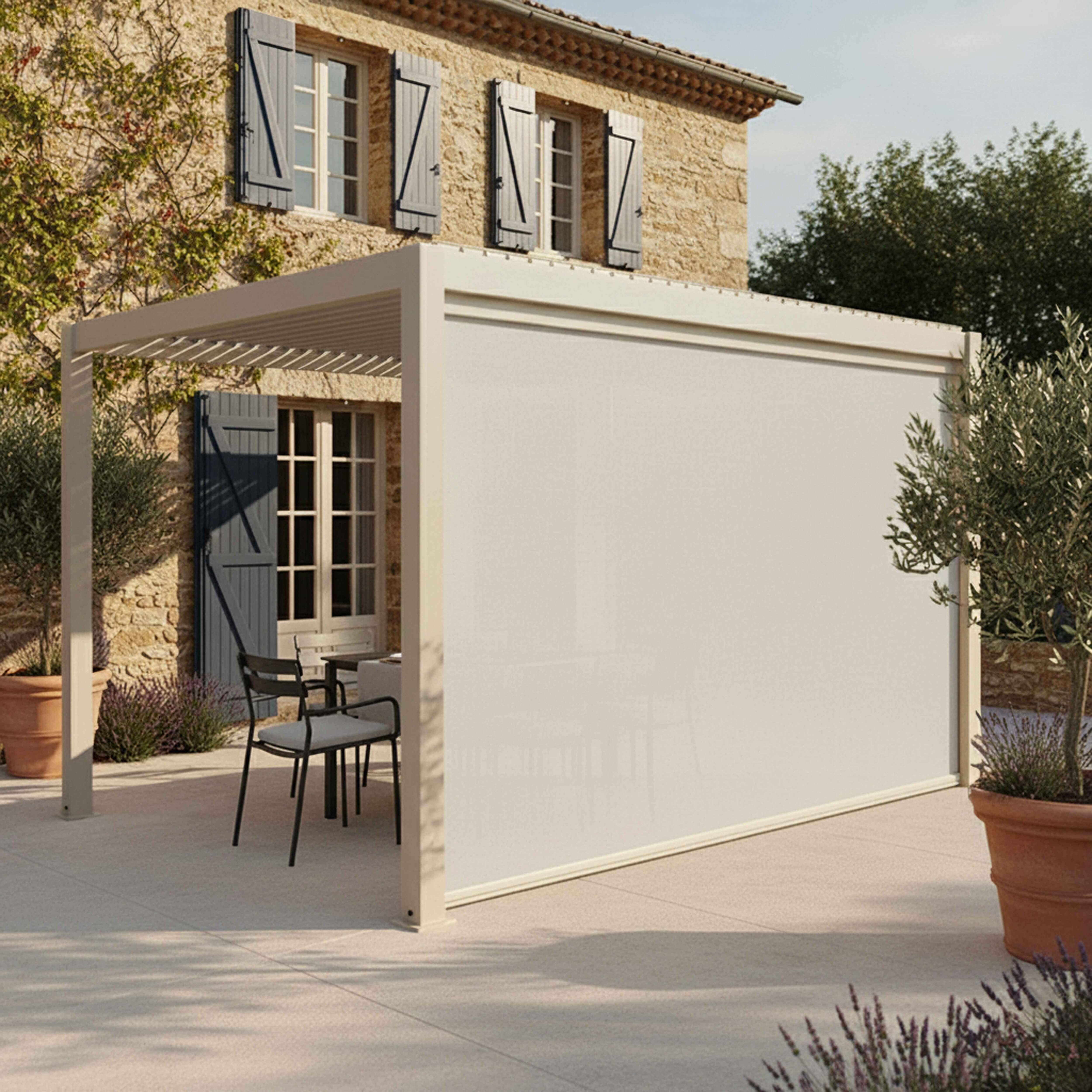 Oviala - Pergola bioclimatique autoportée 3x4 m et 1 store bois crème Athenes - Oviala - Image 1