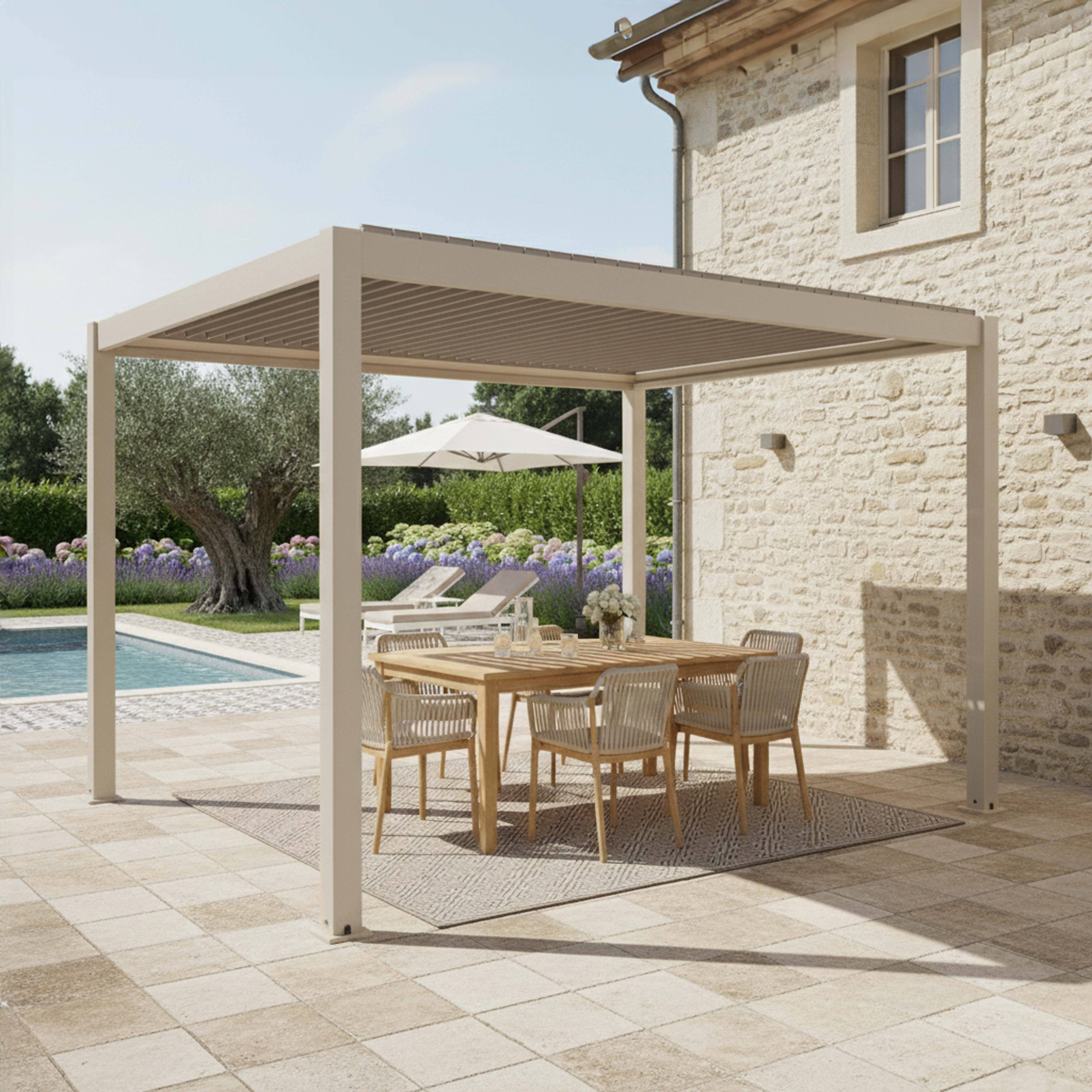 Oviala - Pergola bioclimatique autoportée 3x4 m et 1 store bois crème Athenes - Oviala - Image 5