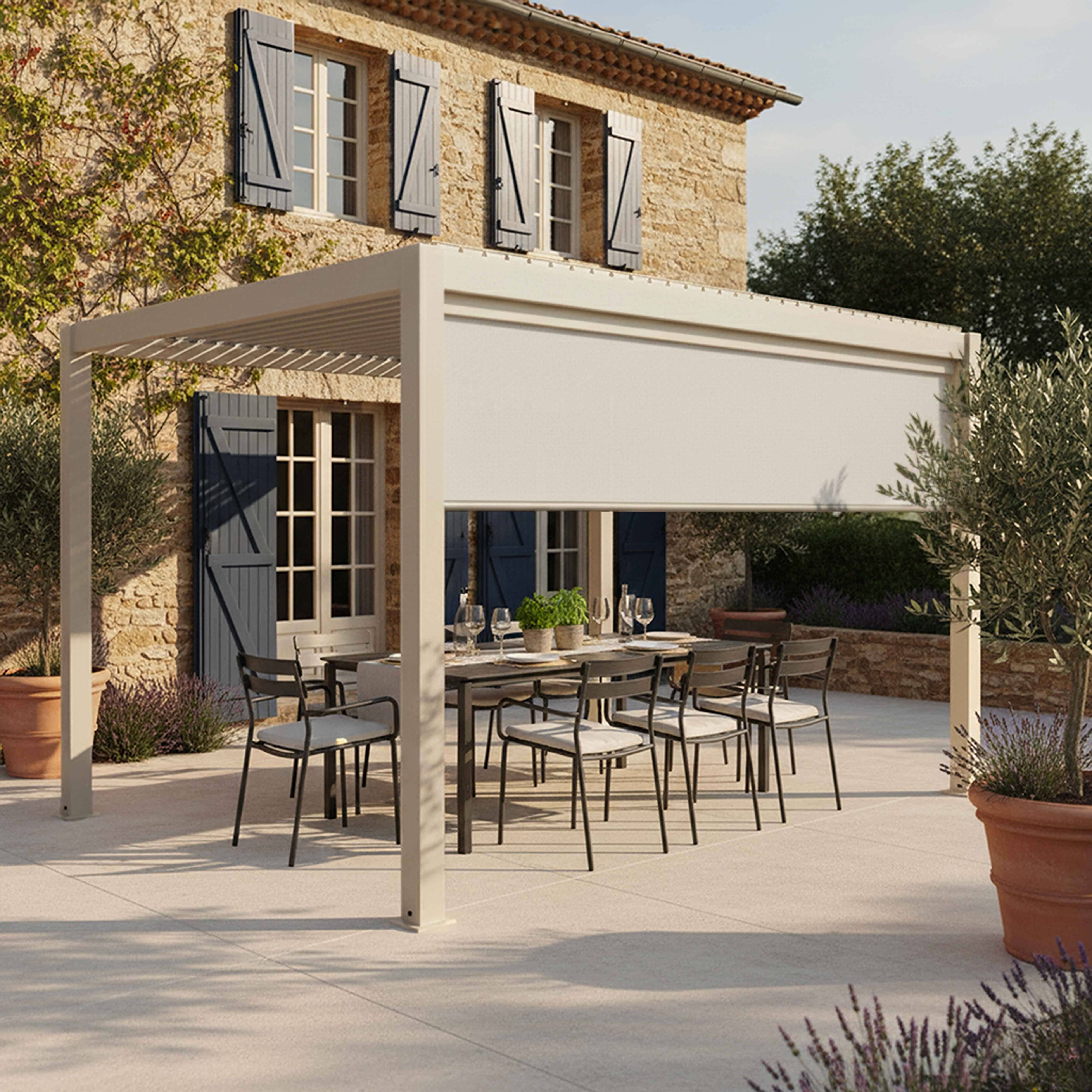 Oviala - Pergola bioclimatique autoportée 3x4 m et 1 store bois crème Athenes - Oviala - Image 3