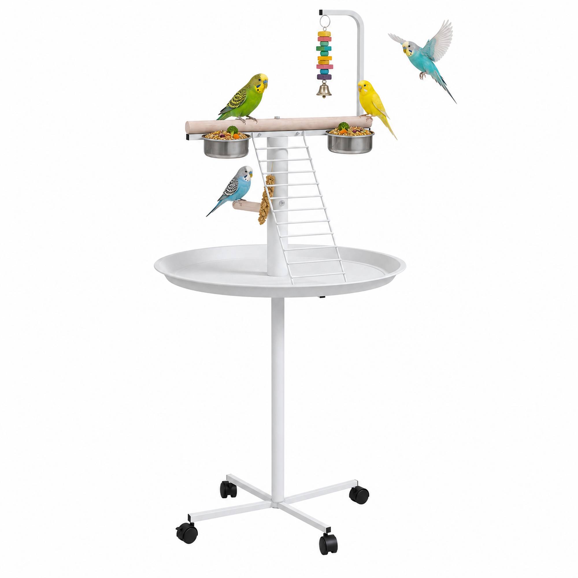 Sans Marque - Mangeoire à oiseaux sur pied avec 4 roulettes perchoir 2 bols amovibles plateau rond acier inoxydable Ø 60 x 138H cm blanc - Image 1