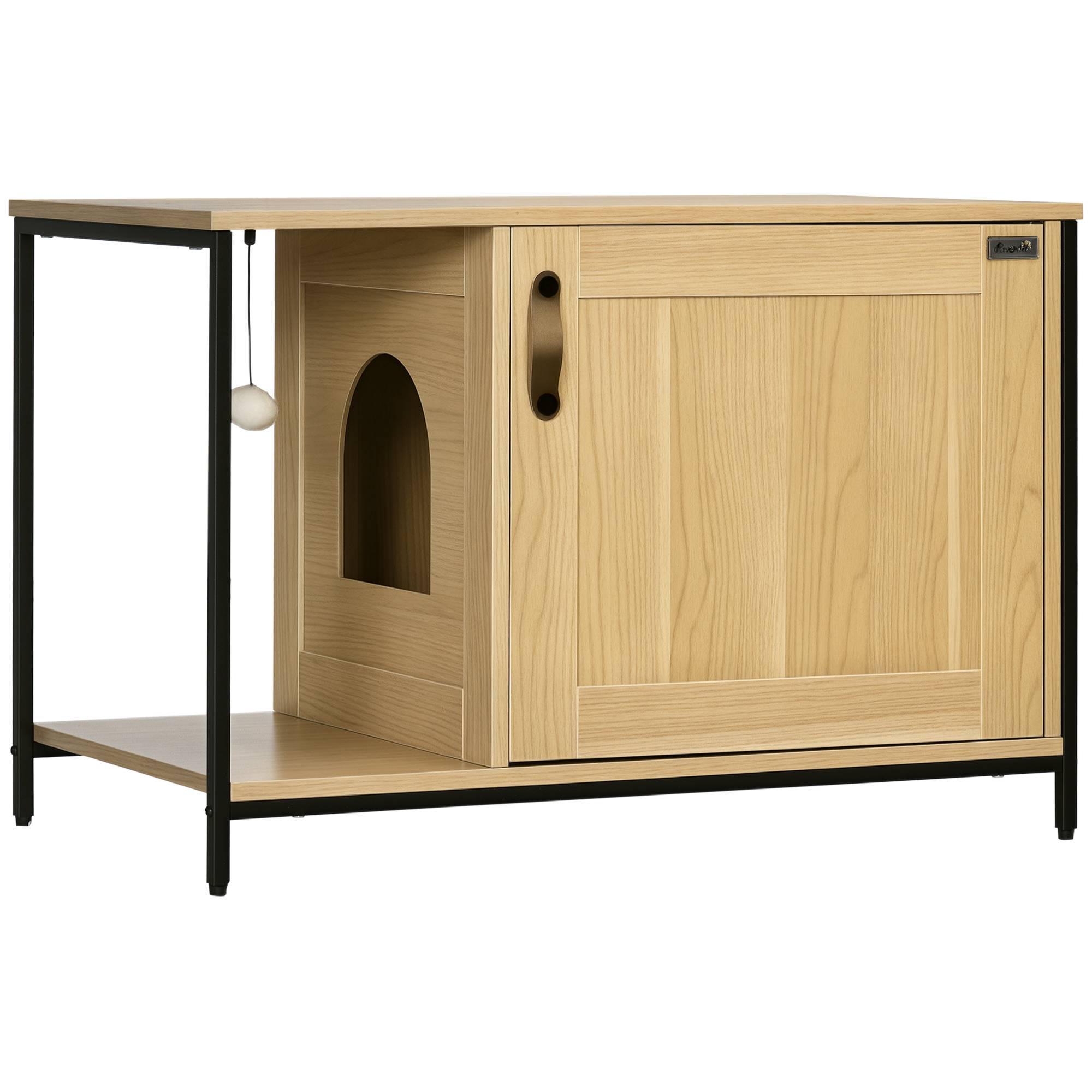 Sans Marque - Maison de toilette pour chat style industriel porte entrée latérale boule suspendue châssis acier aspect bois clair - Image 1