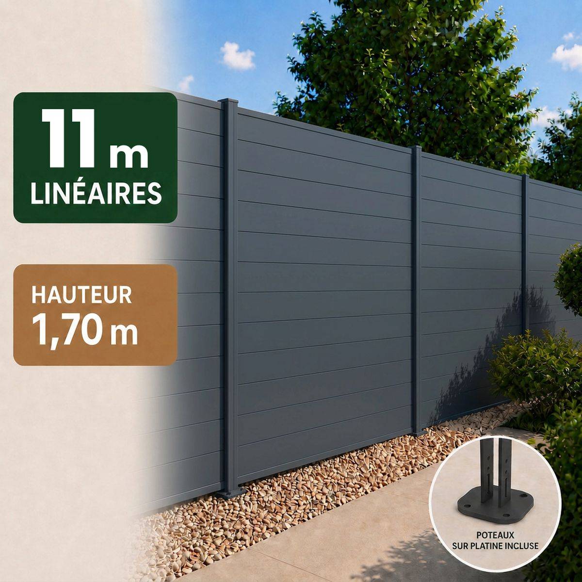Direct Abris - Kit clôture RECIFE Aluminium anthracite 10,87m poteau 60x70mm gris sur platines 1,7m - Image 1