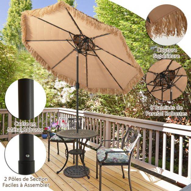 Helloshop26 - Parasol de plage style hawaï 2,7 m double aération avec 8 baleines système de manivelle manuel inclinaison réglable brun - Image 3