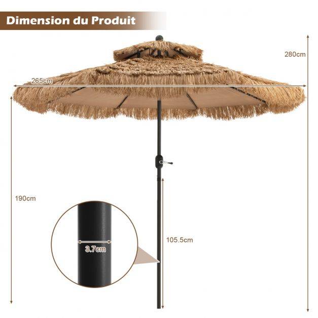 Helloshop26 - Parasol de plage style hawaï 2,7 m double aération avec 8 baleines système de manivelle manuel inclinaison réglable brun - Image 6