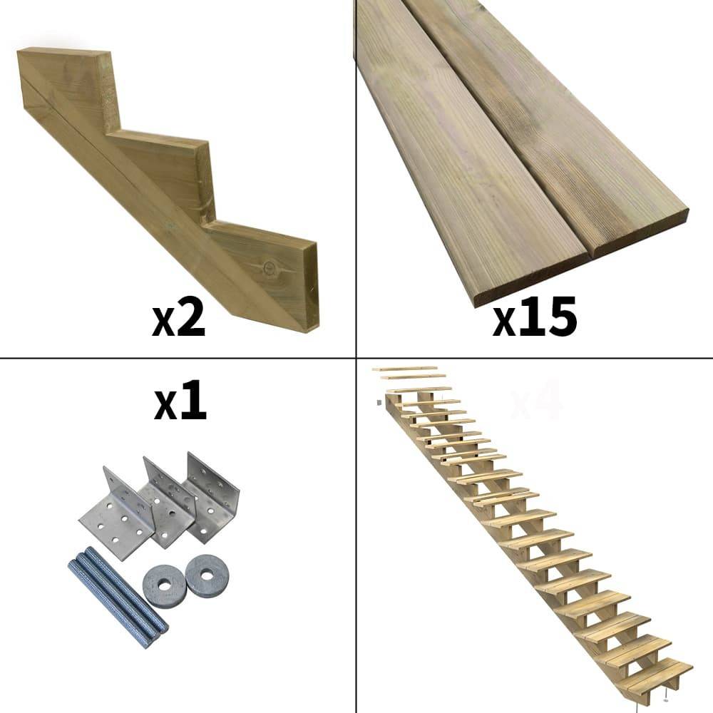 Escalier Bois Exterieur - 15 Marches - Largeur : 80 cm - Marches découpables - Sans Contremarches - Pin du Nord - Image 2