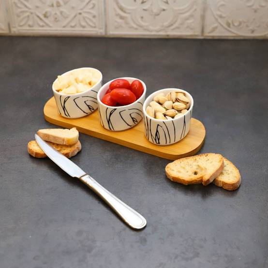 ~ Set apéritif tapas 3 verrines bambou céramique blanc et marron 33.5 x 10 cm Chemin de campagne - Image 3