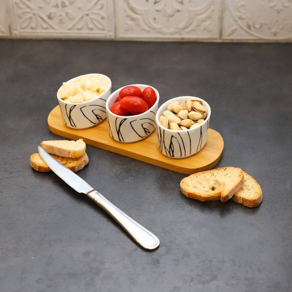 ~ Set apéritif tapas 3 verrines bambou céramique blanc et marron 33.5 x 10 cm Chemin de campagne - Image 3