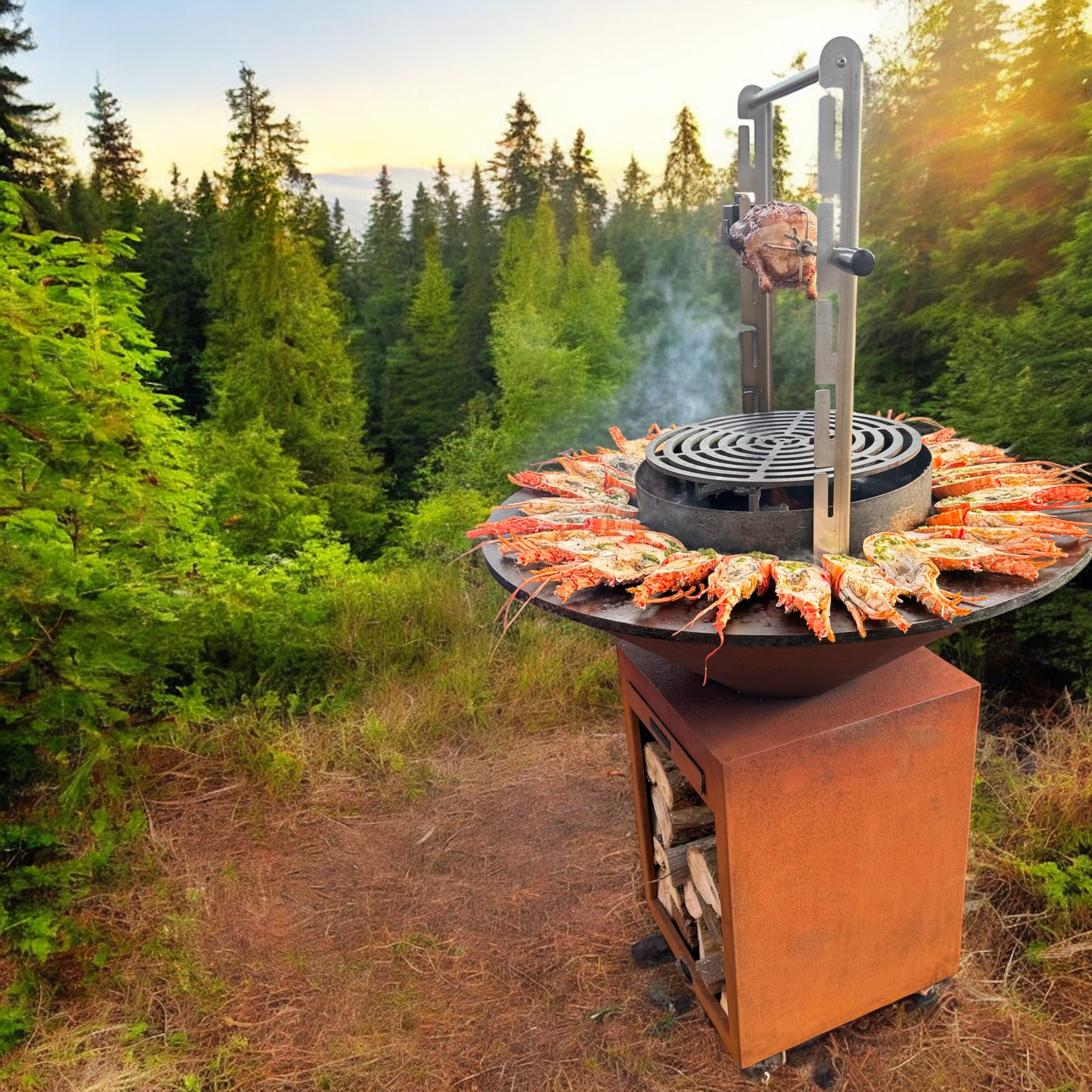 Brasero plancha acier corten Ø100 cm avec tournebroche, grilles réglables et tablier cuir – FFour - Image 2