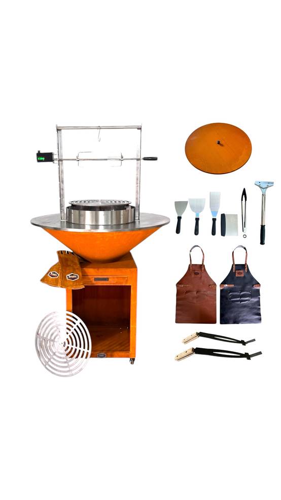 Brasero plancha acier corten Ø100 cm avec tournebroche, grilles réglables et tablier cuir – FFour - Image 1