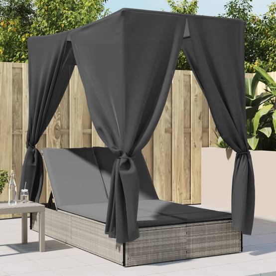 Chaise longue | Transat | Bain de soleil double avec toit et rideaux gris clair poly rotin - Image 2