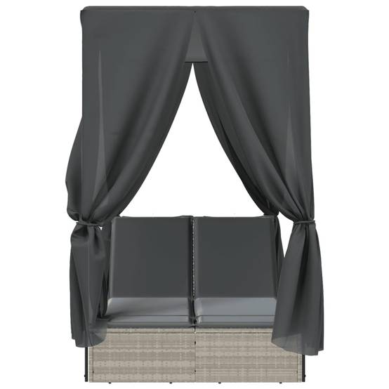 Chaise longue | Transat | Bain de soleil double avec toit et rideaux gris clair poly rotin - Image 4