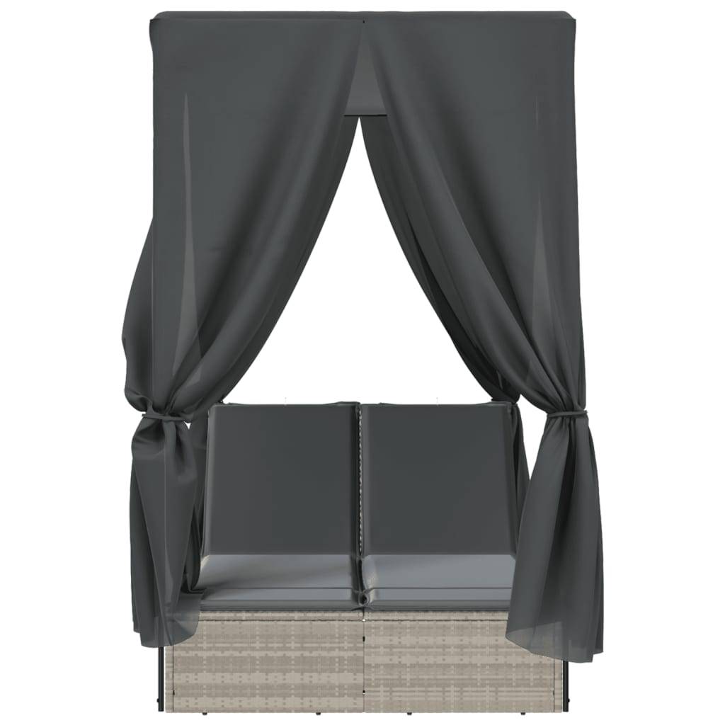 Chaise longue | Transat | Bain de soleil double avec toit et rideaux gris clair poly rotin - Image 4