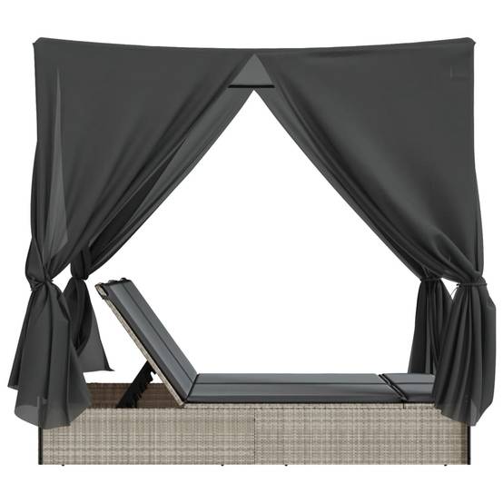 Chaise longue | Transat | Bain de soleil double avec toit et rideaux gris clair poly rotin - Image 5