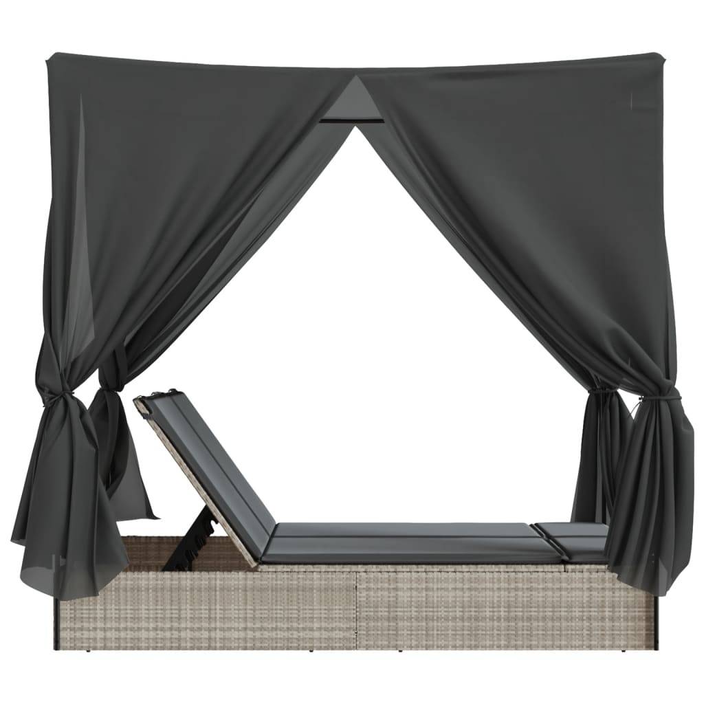 Chaise longue | Transat | Bain de soleil double avec toit et rideaux gris clair poly rotin - Image 5