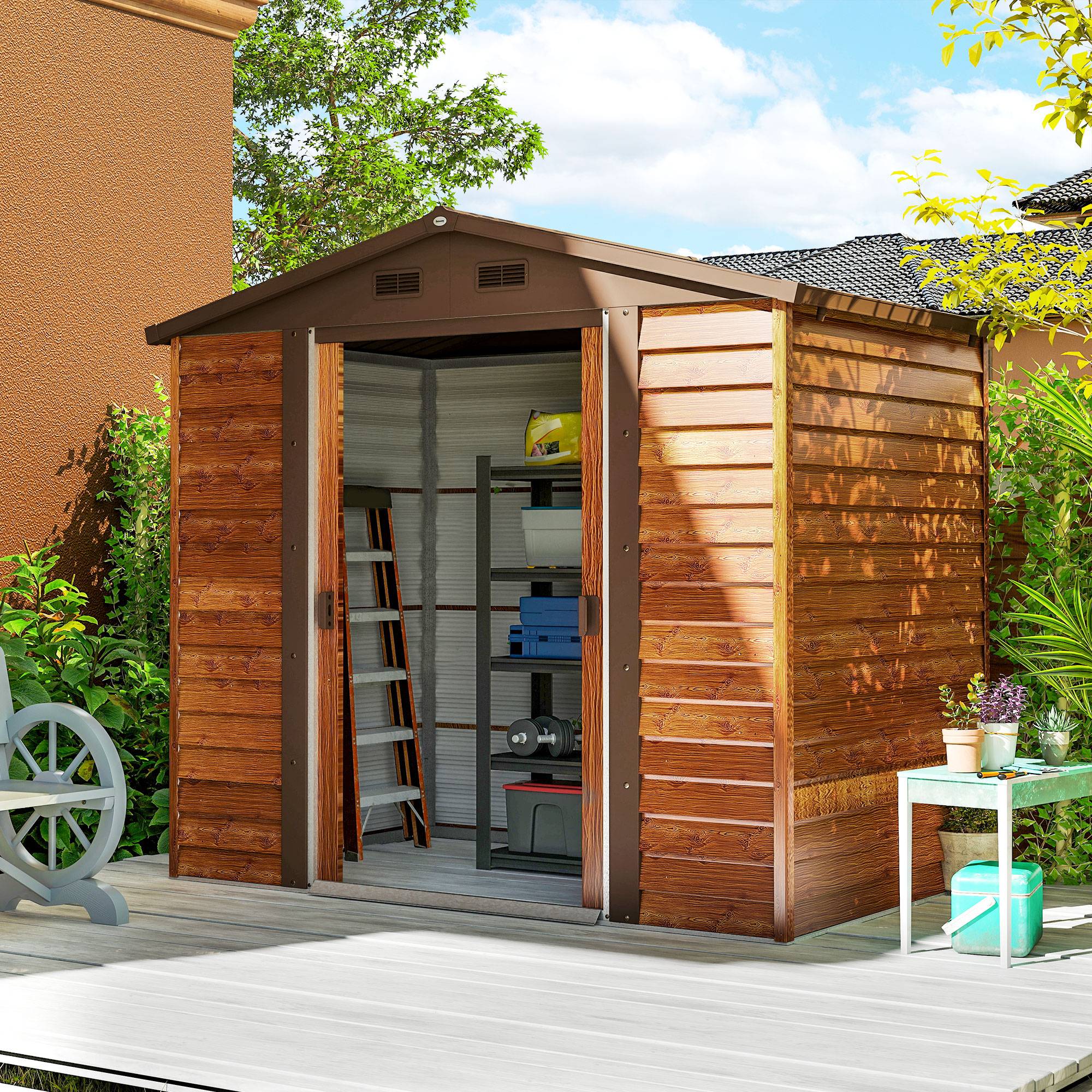 Abri de jardin acier aspect bois avec fenêtre 152x235,7x208,7 cm remise extérieure outils résistante marron - Image 3