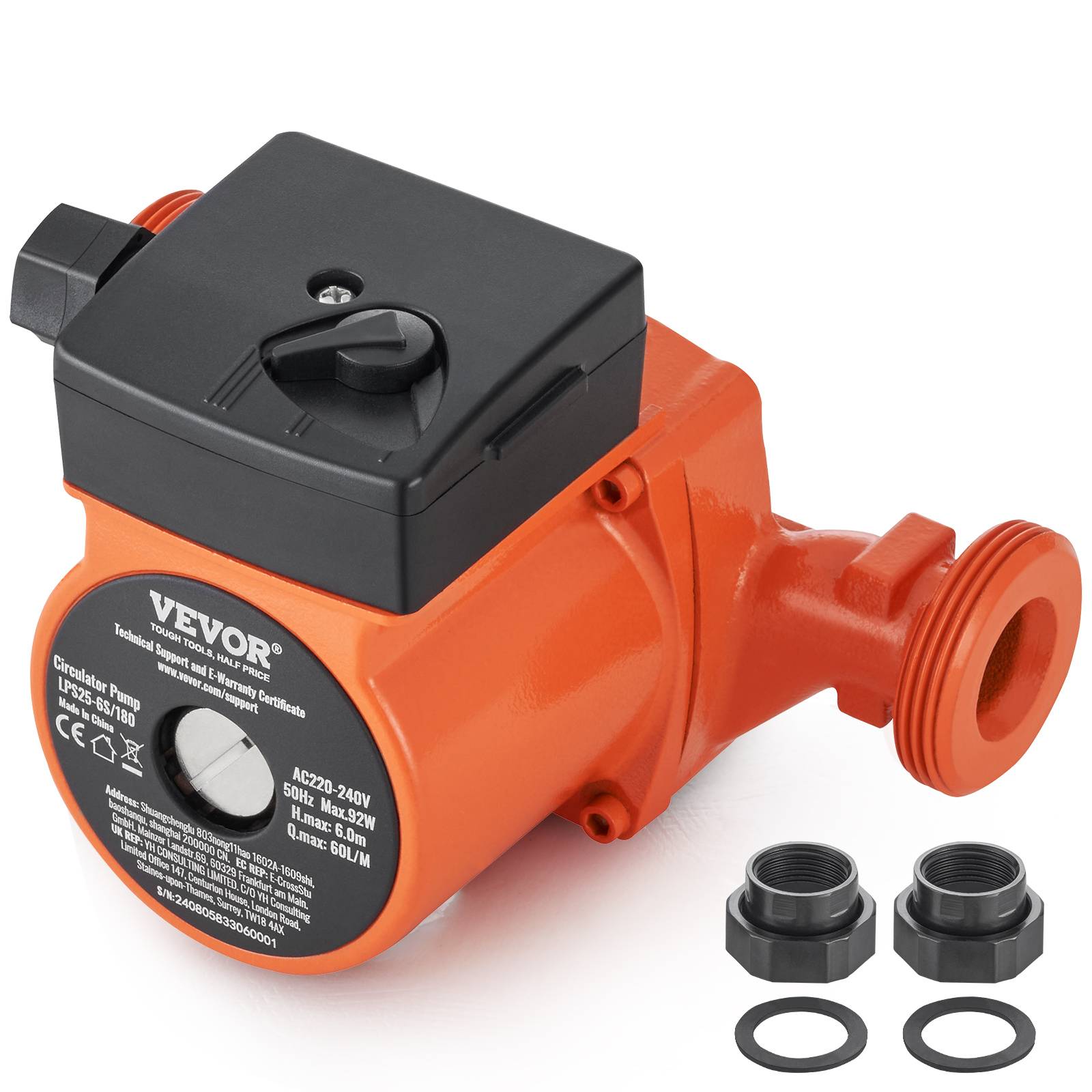 VEVOR Pompe circulation eau chaude LPS25-6S-180, 60 L/min, 3 vitesses, 220V 92W, hauteur 6m, pour chauffe-eau. - Image 1