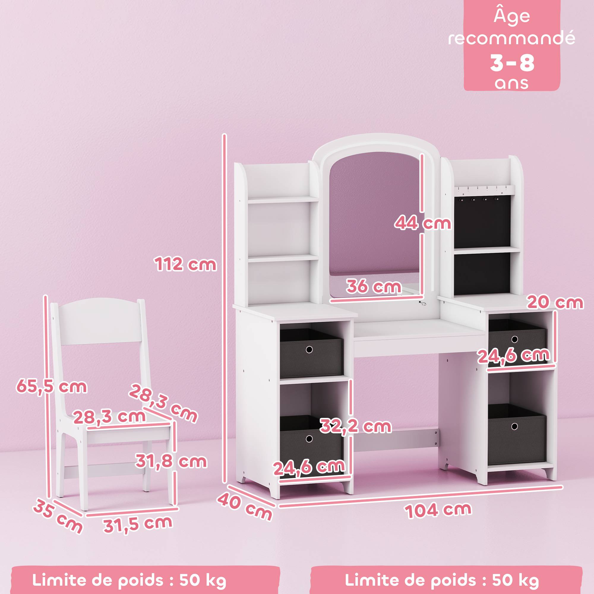 Sans Marque - Coiffeuse pour enfants avec tabouret et miroir LED, table de maquillage pour 3 à 8 ans, 104 x 40 x 112 cm, blanc - Image 5