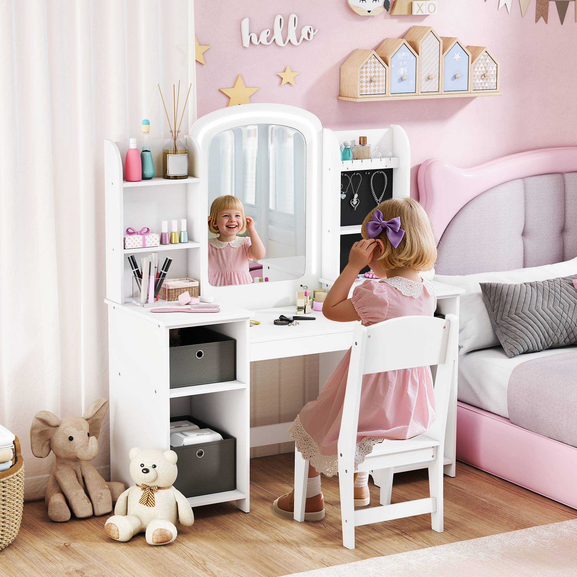 Sans Marque - Coiffeuse pour enfants avec tabouret et miroir LED, table de maquillage pour 3 à 8 ans, 104 x 40 x 112 cm, blanc - Image 3