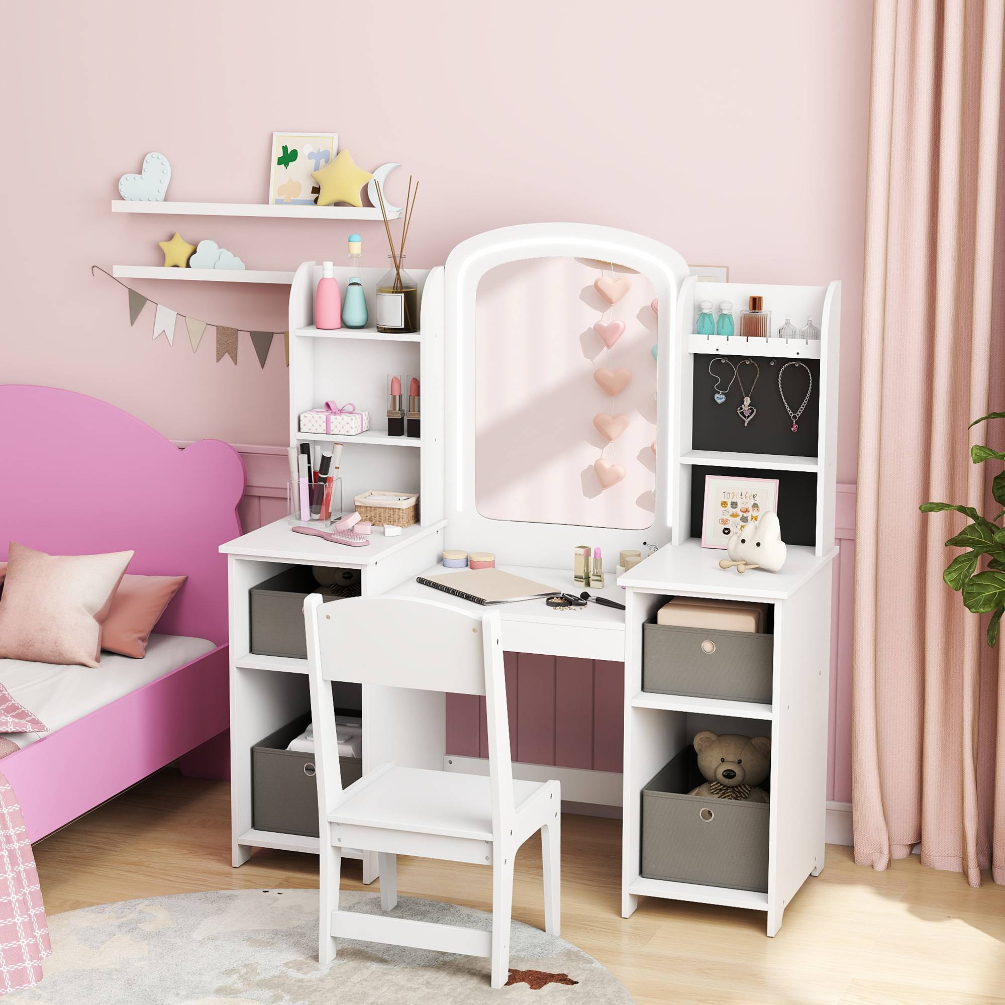 Sans Marque - Coiffeuse pour enfants avec tabouret et miroir LED, table de maquillage pour 3 à 8 ans, 104 x 40 x 112 cm, blanc - Image 4