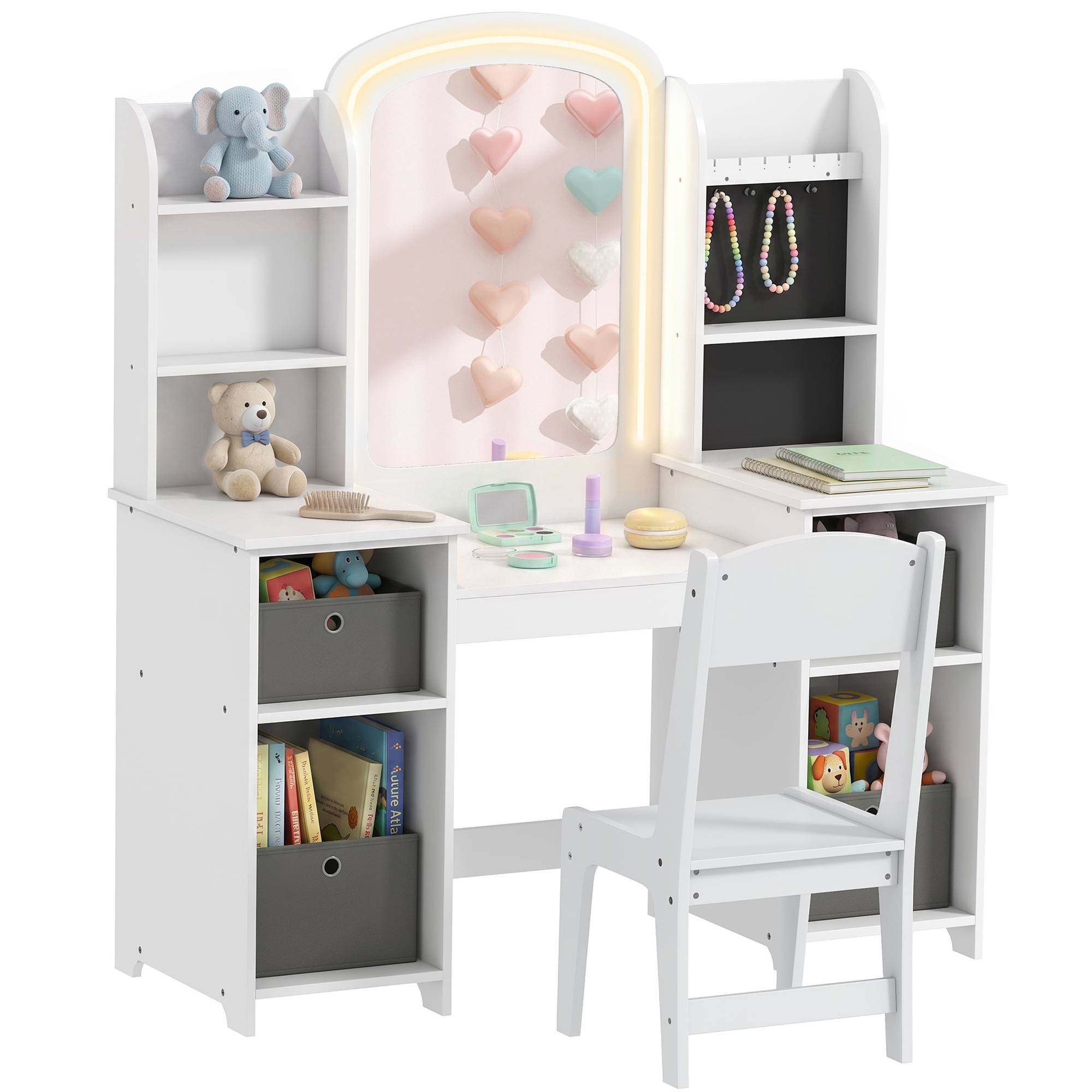Sans Marque - Coiffeuse pour enfants avec tabouret et miroir LED, table de maquillage pour 3 à 8 ans, 104 x 40 x 112 cm, blanc - Image 1