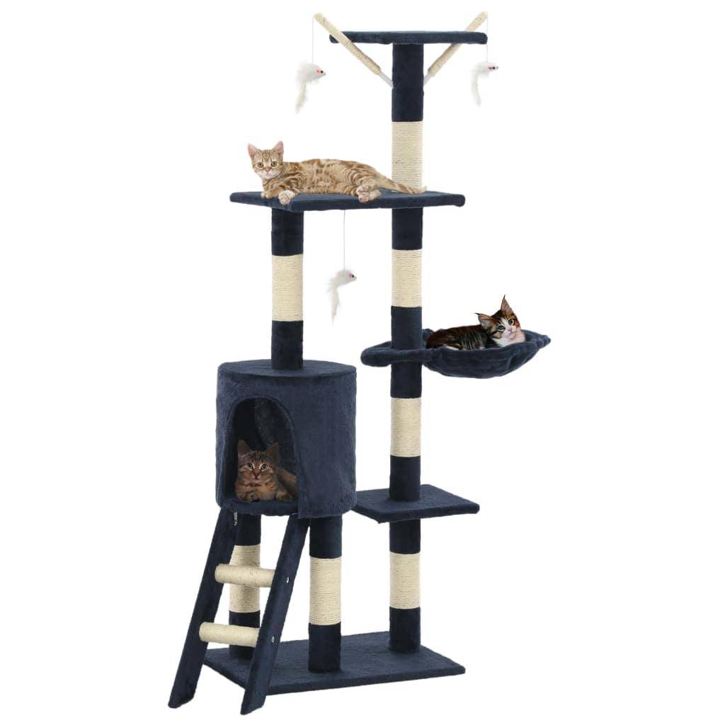 Helloshop26 - Arbre à chat griffoir grattoir niche jouet animaux peluché en sisal 138 cm bleu foncé - Image 1