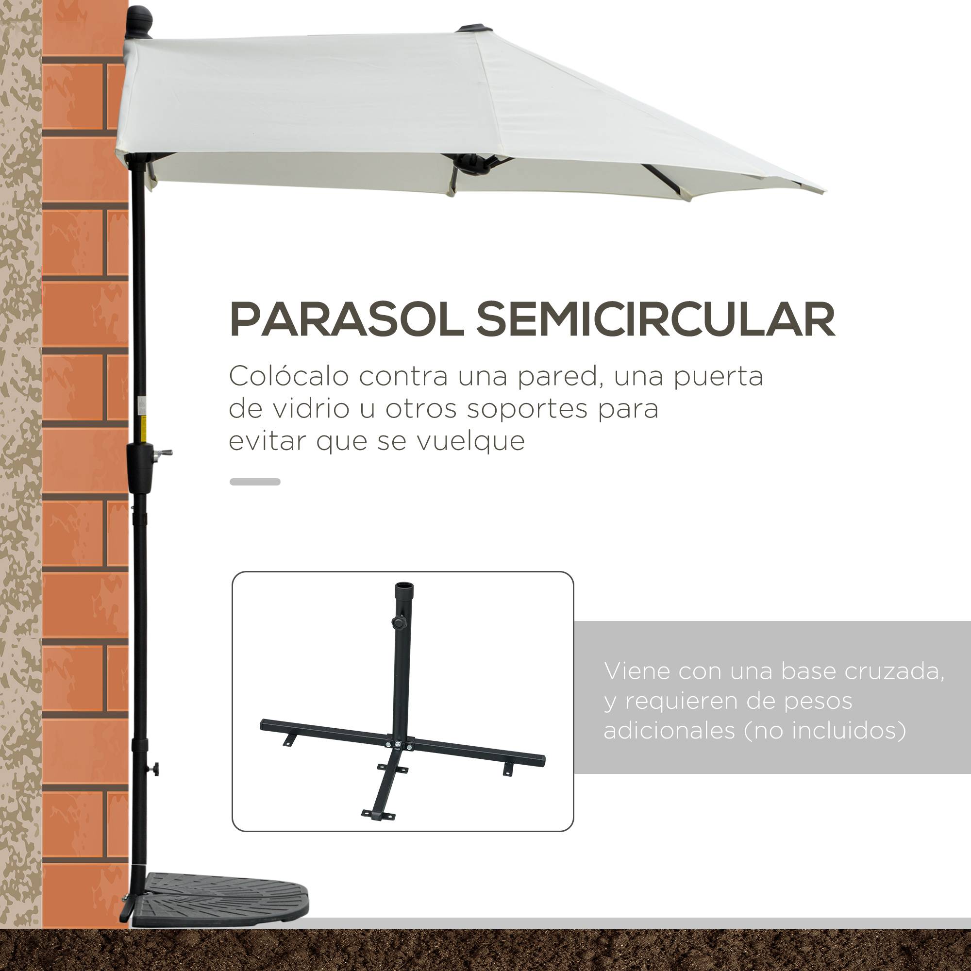 Demi-Parasol Mural Acier pour Balcon Terrasse avec Manivelle et Base Crème 200x190 cm - ComfortXL Outdoor Living - Image 6