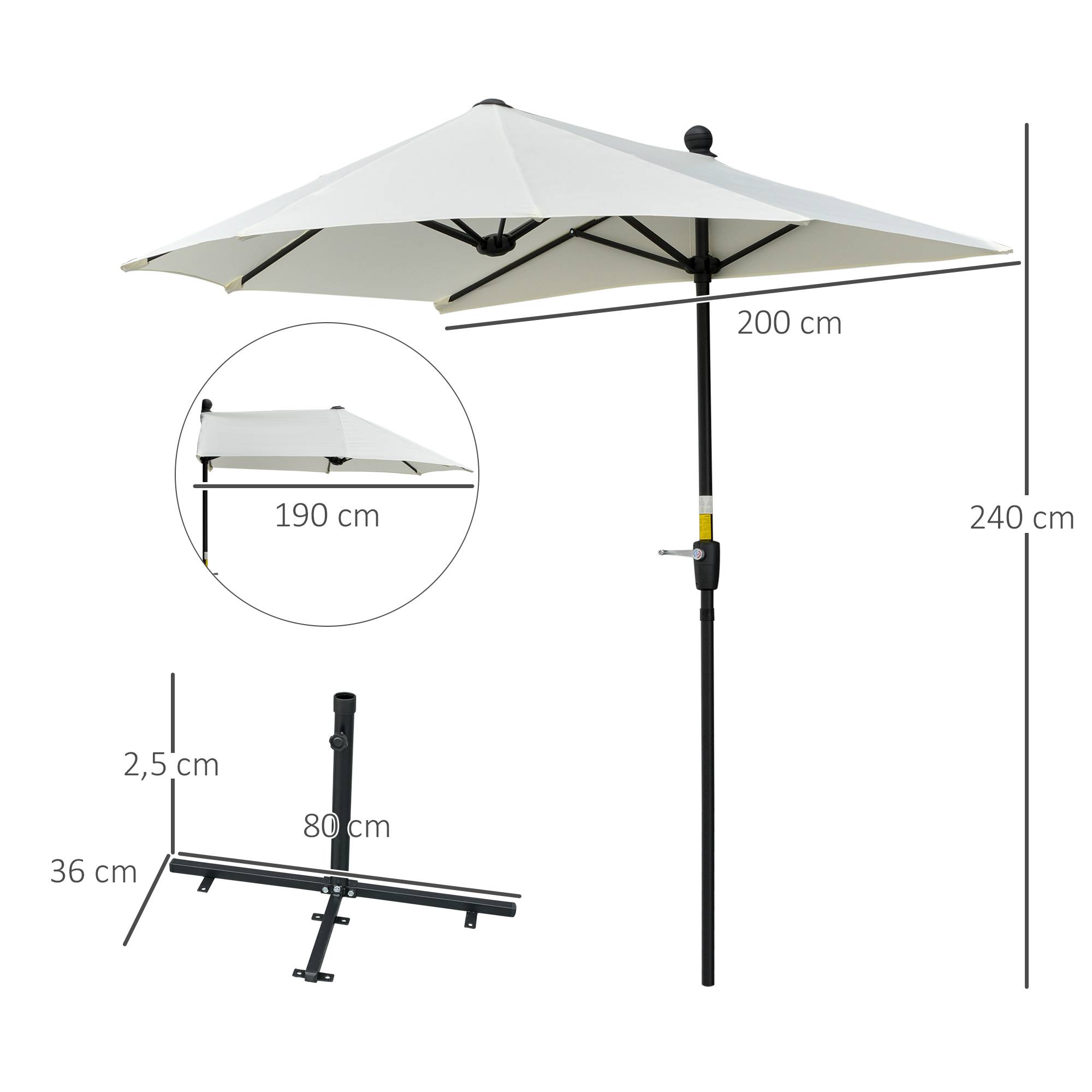 Demi-Parasol Mural Acier pour Balcon Terrasse avec Manivelle et Base Crème 200x190 cm - ComfortXL Outdoor Living - Image 5