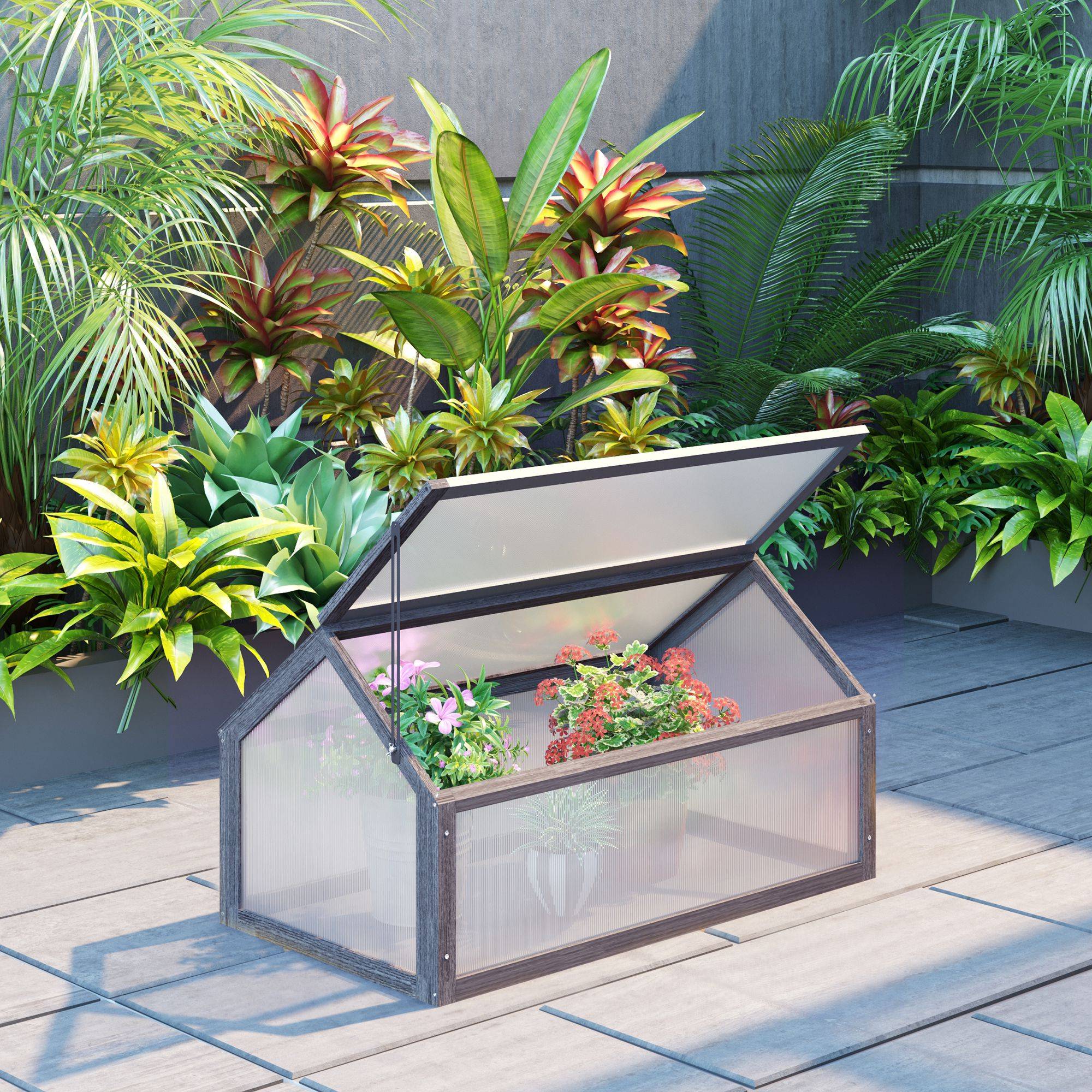 Sans Marque - Mini serre compacte bois polycarbonate ventilation 90x52x49,5 cm grise - Image 3