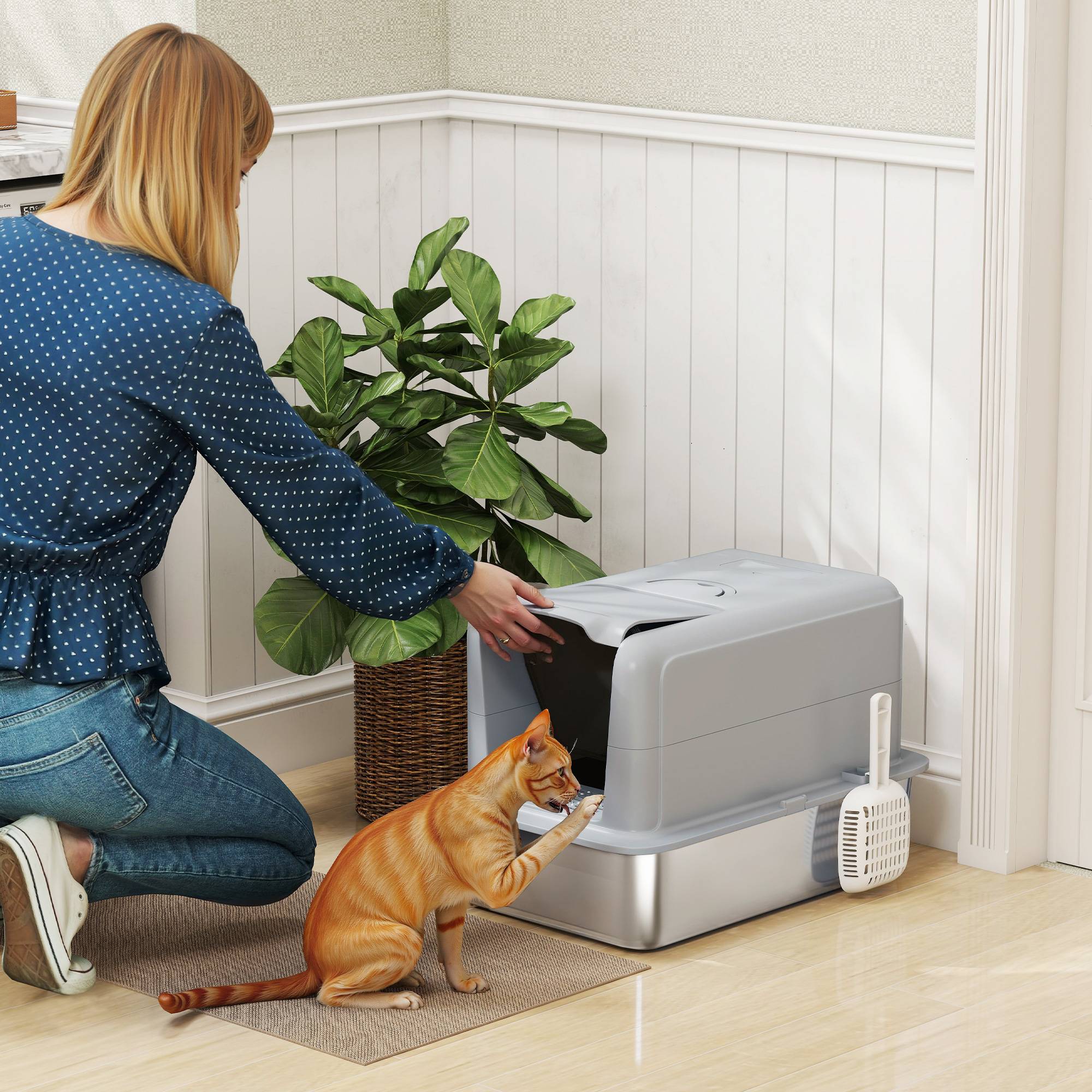 Sans Marque - Litière bac inox, filtre, pelle, pour chat -6kg, 40,5x60,5x41,5cm, Gris/Argent - Image 3
