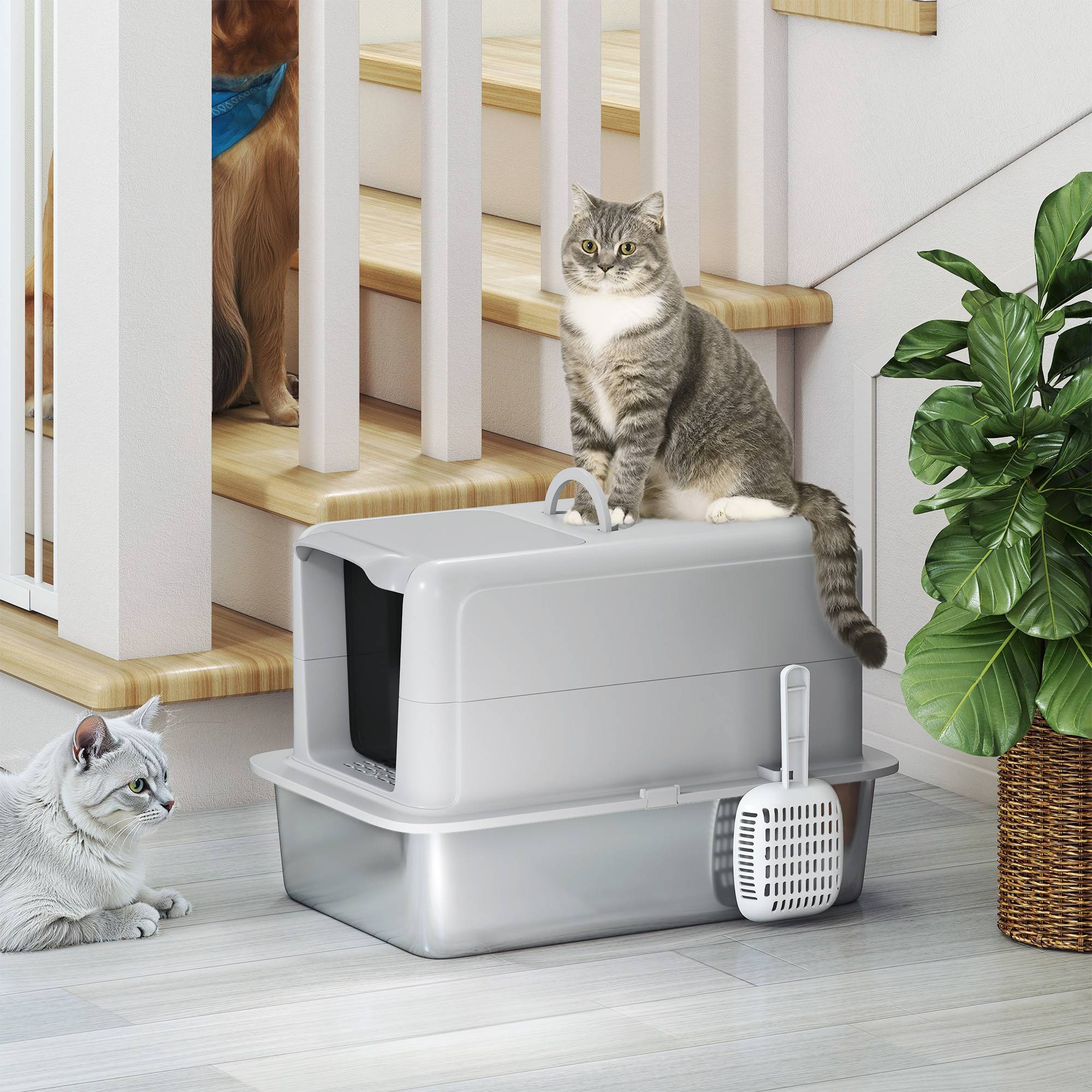 Sans Marque - Litière bac inox, filtre, pelle, pour chat -6kg, 40,5x60,5x41,5cm, Gris/Argent - Image 10