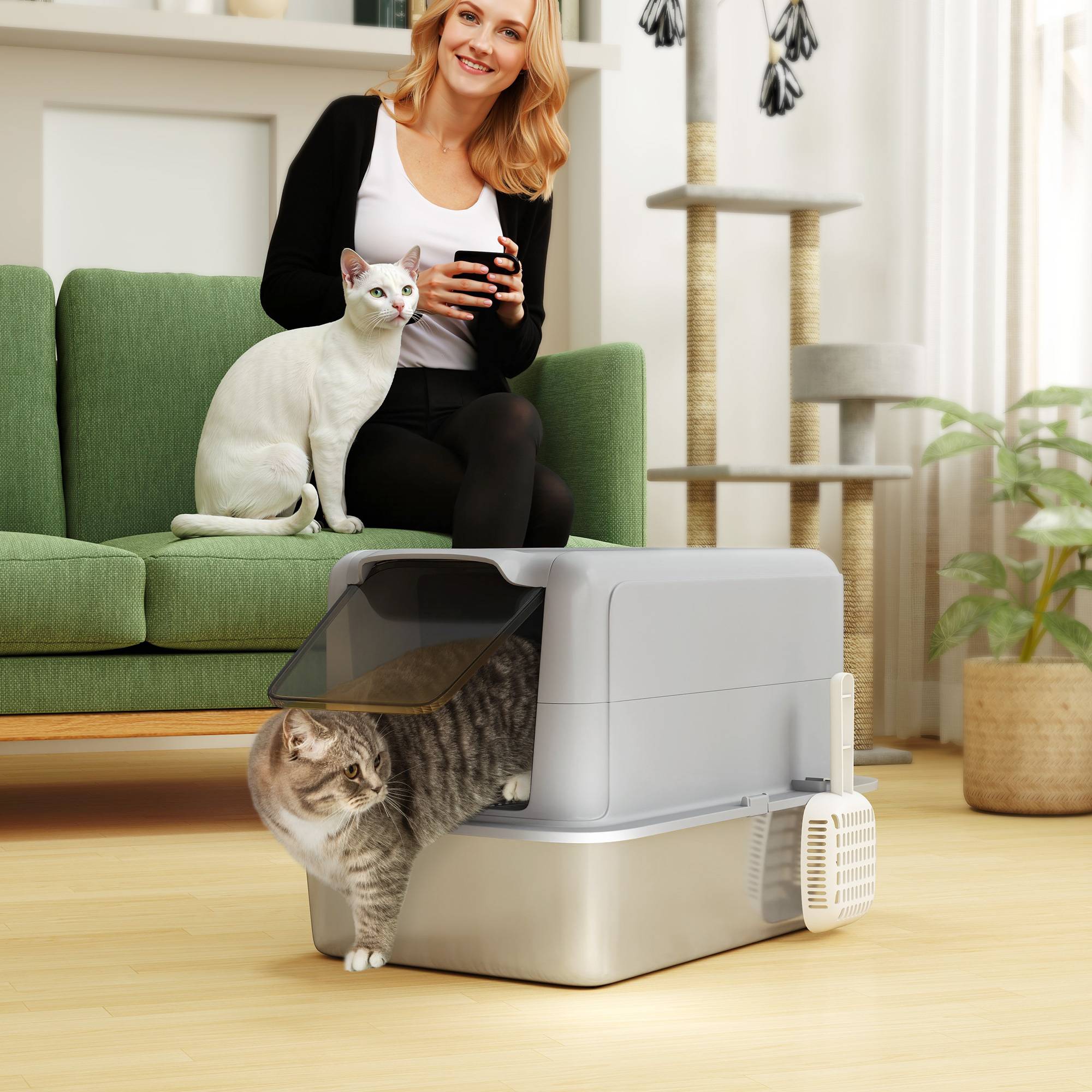 Sans Marque - Litière bac inox, filtre, pelle, pour chat -6kg, 40,5x60,5x41,5cm, Gris/Argent - Image 4