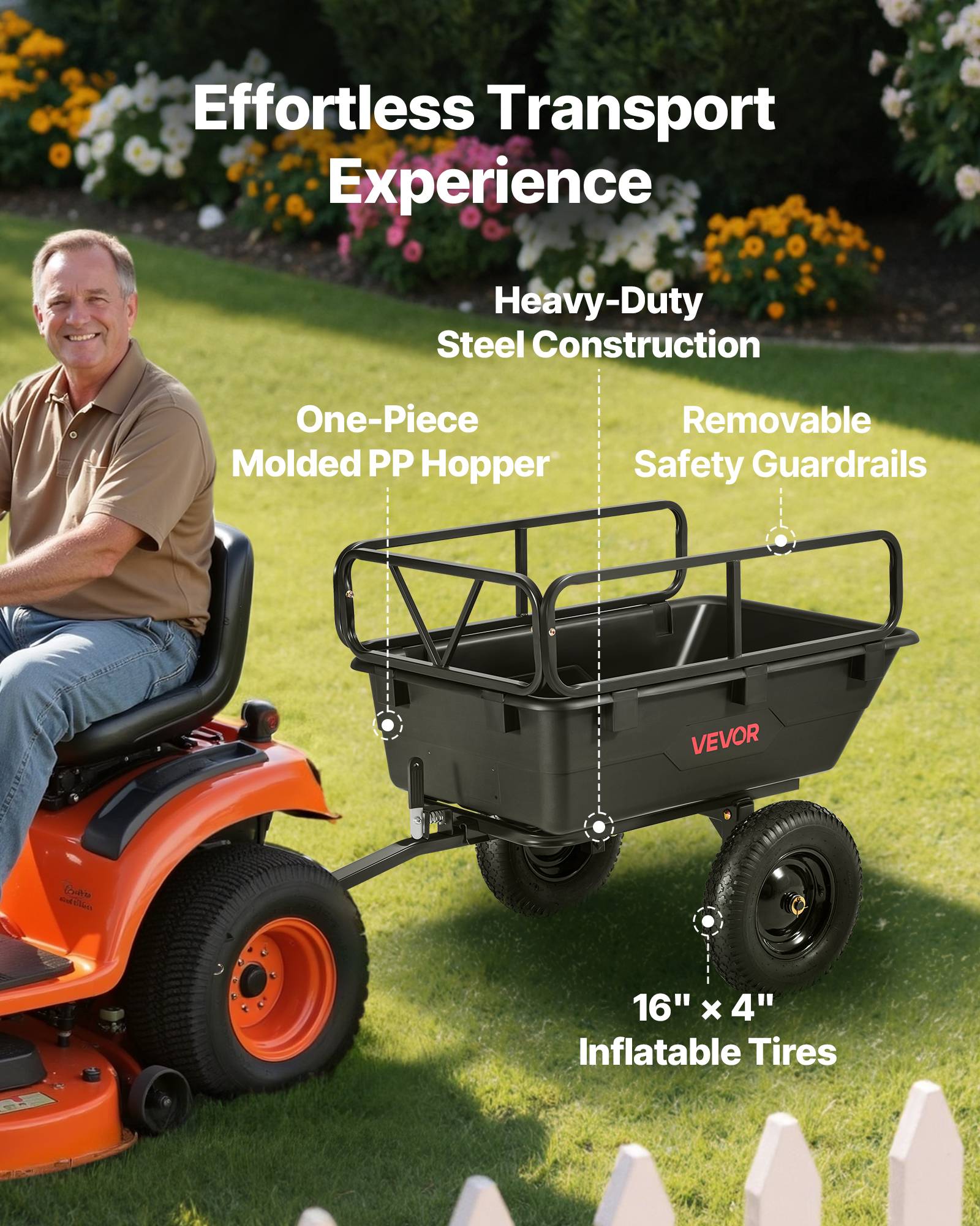 VEVOR Remorque à Benne Basculante Tracteur Tondeuse Gazon Jardin 283 L 226,8 kg - Image 3