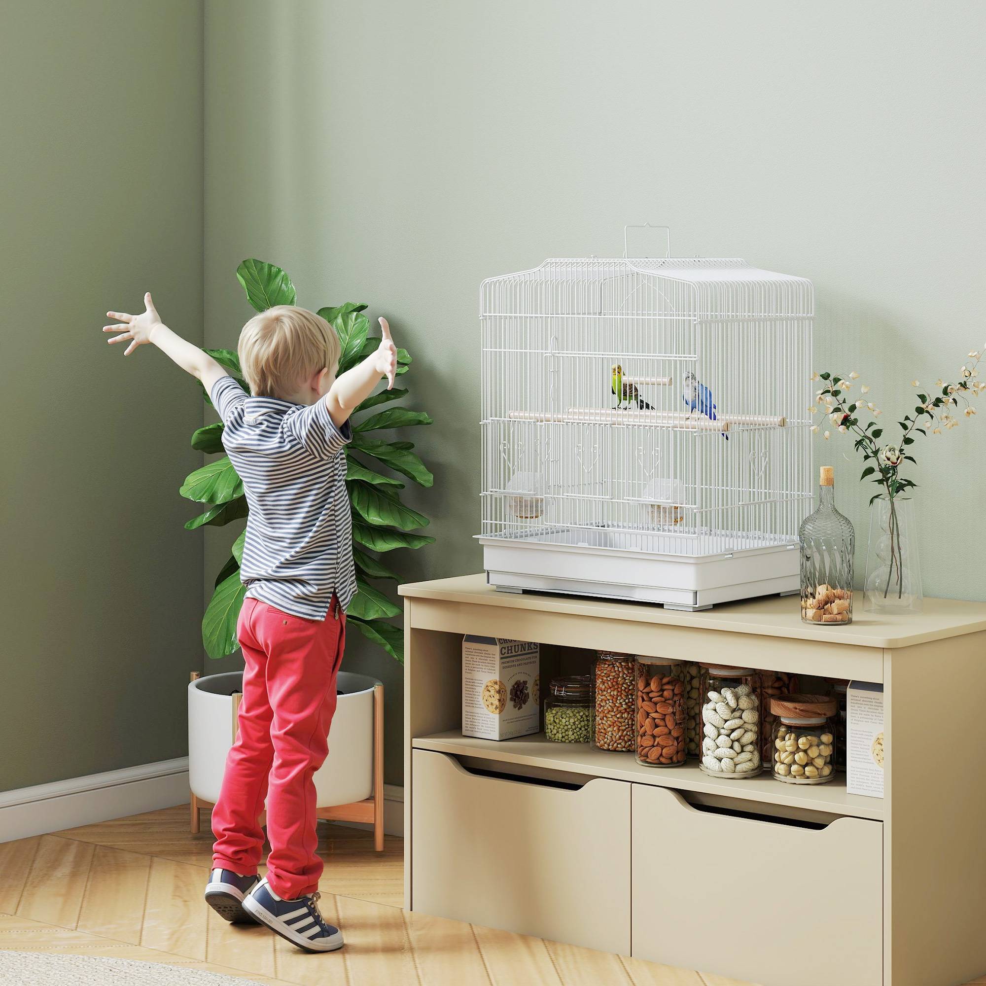 Sans Marque - Cage vintage pour petits oiseaux, accessoires inclus, 46,5x36x59 cm, acier+bois, blanc+naturel - Image 10