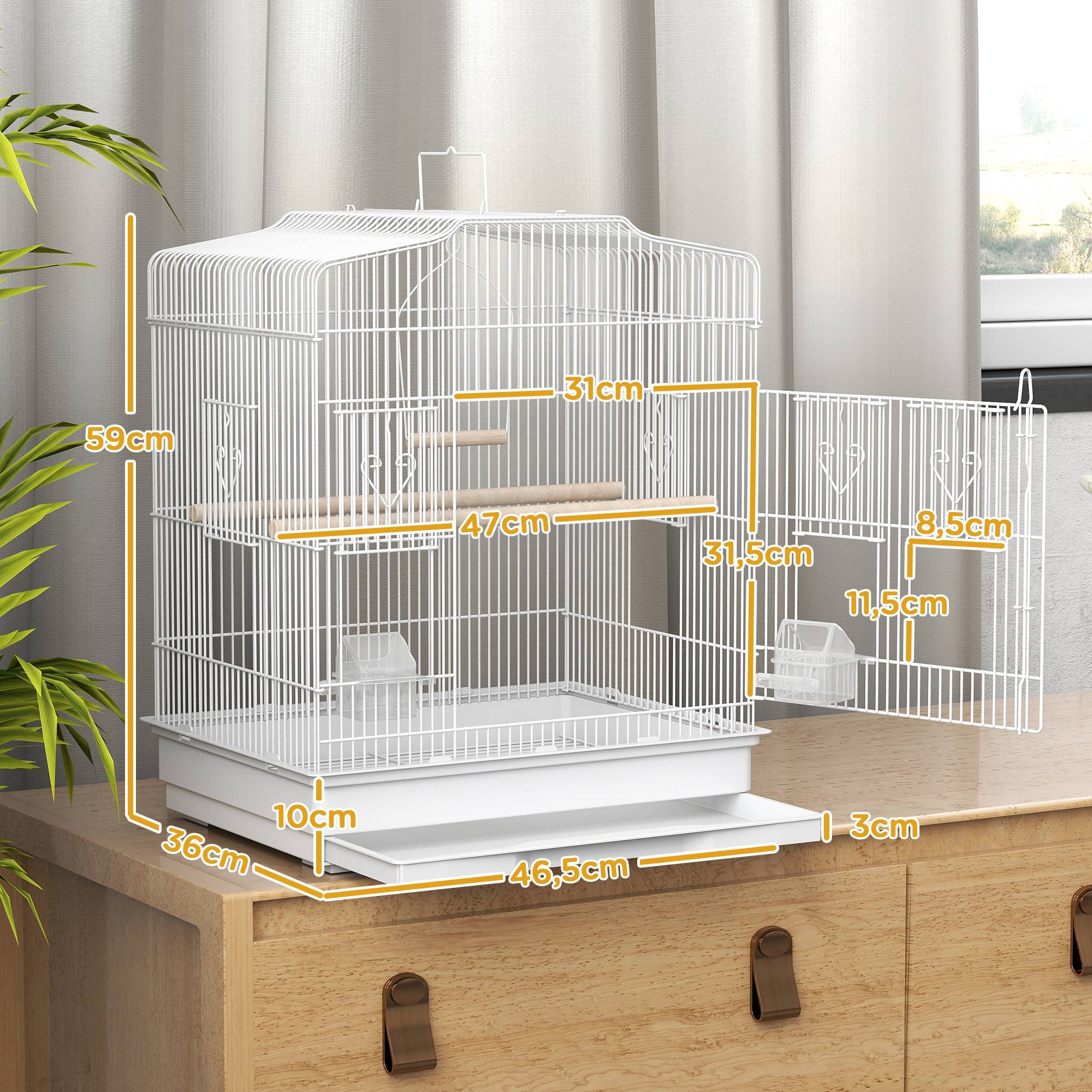 Sans Marque - Cage vintage pour petits oiseaux, accessoires inclus, 46,5x36x59 cm, acier+bois, blanc+naturel - Image 5