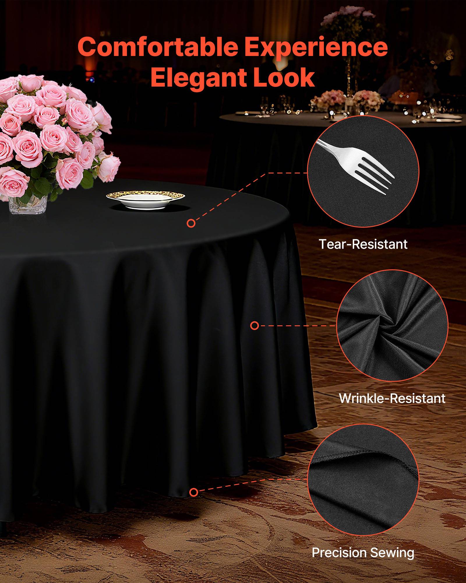 Vevor - VEVOR Nappe ronde noire de table en polyester 3048 mm lot de 6 pour mariage - Image 3