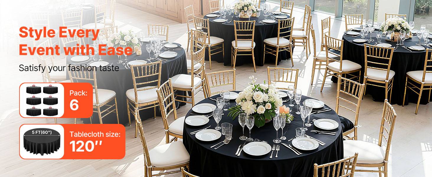 Vevor - VEVOR Nappe ronde noire de table en polyester 3048 mm lot de 6 pour mariage - Image 9