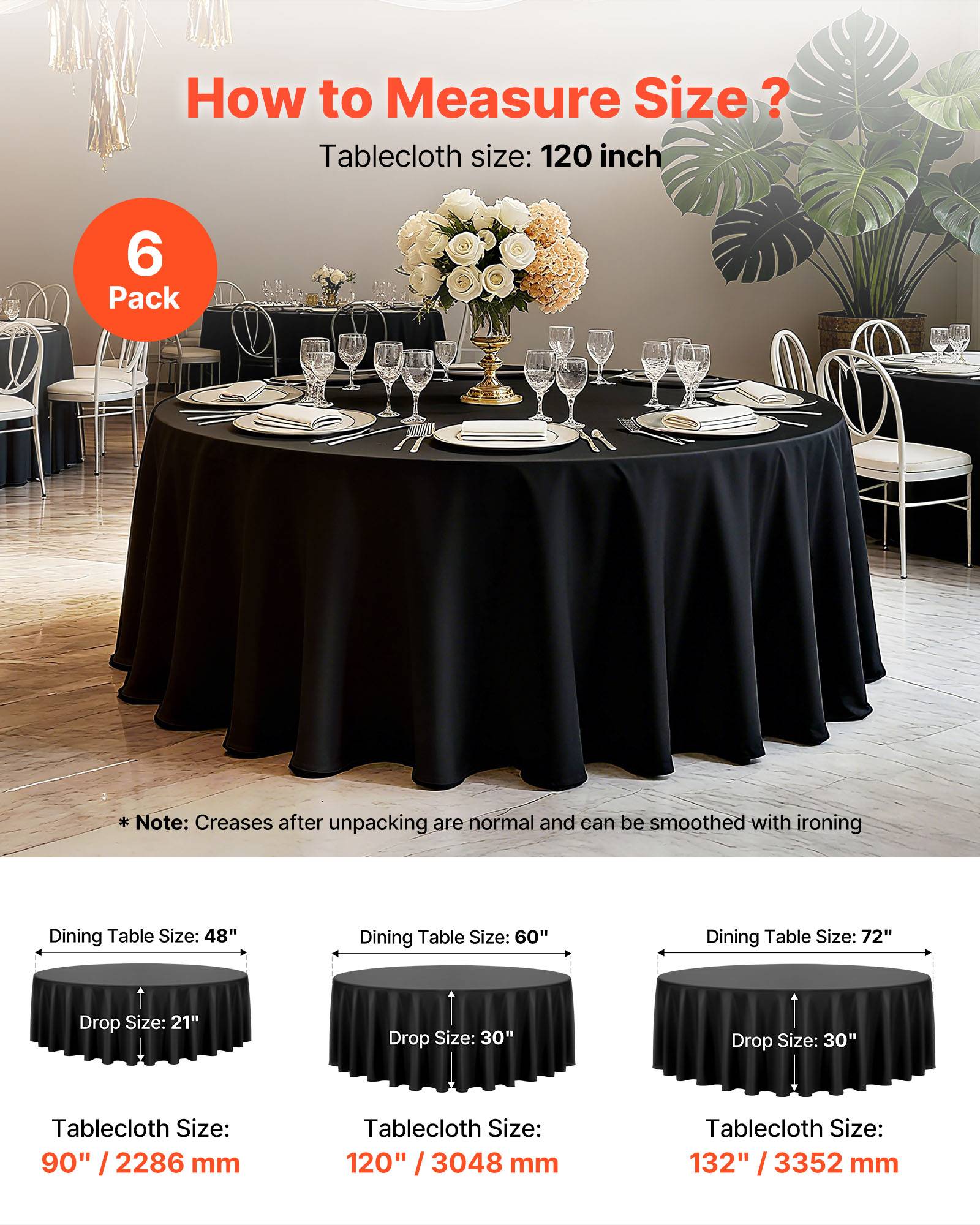 Vevor - VEVOR Nappe ronde noire de table en polyester 3048 mm lot de 6 pour mariage - Image 5
