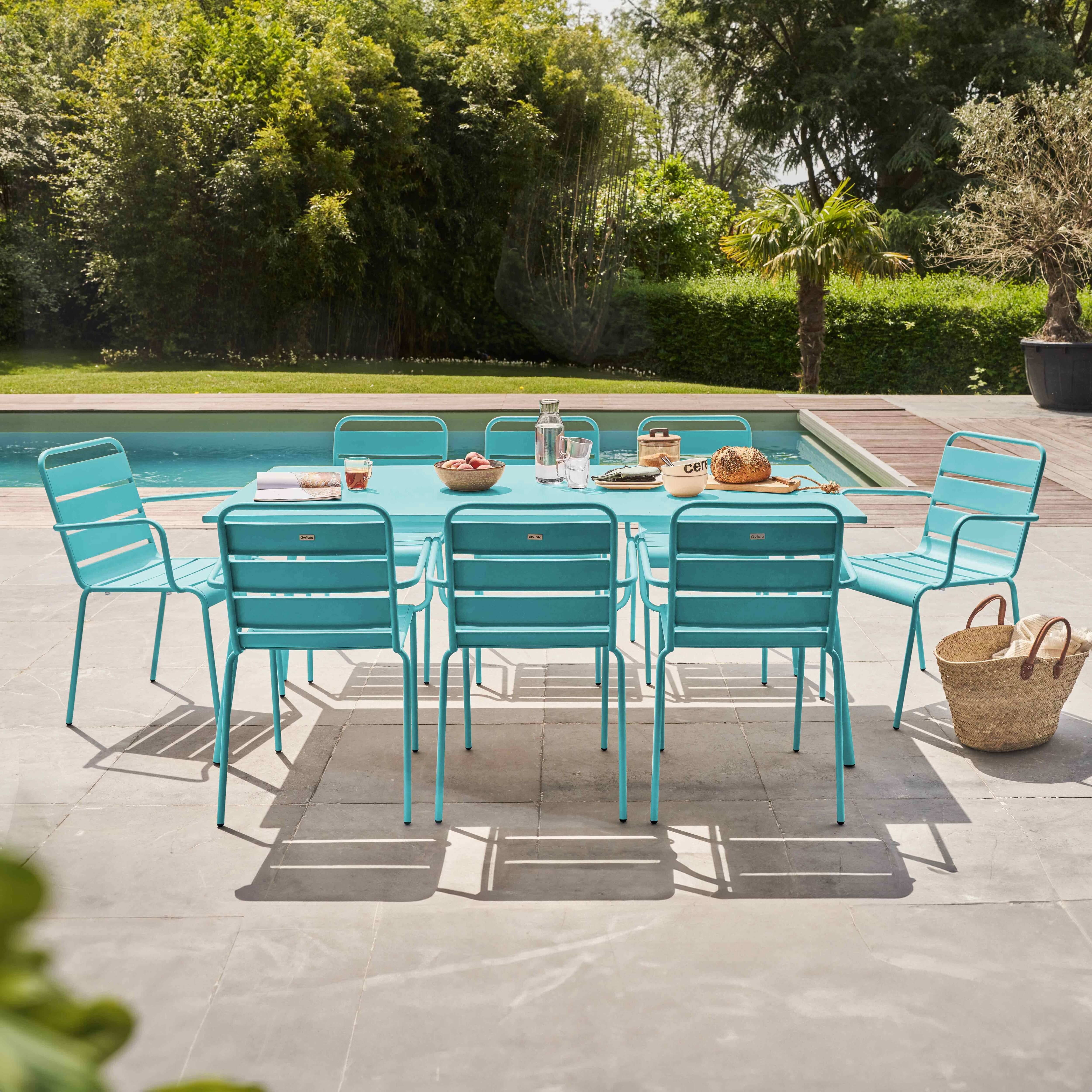 Oviala - Ensemble table de jardin et 8 fauteuils en métal turquoise Palavas - Oviala - Image 2