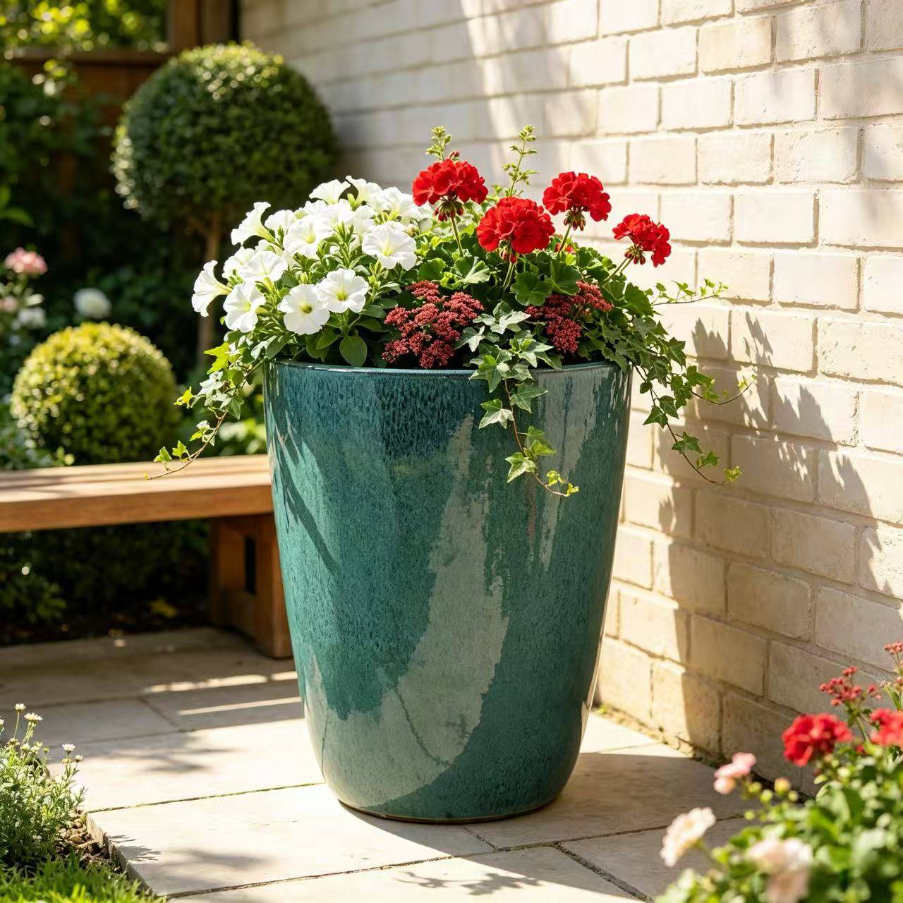 ComfortXL - Grand pot de fleurs en céramique turquoise Ø38,5 x H49,5 cm intérieur terrasse drainage - ComfortXL Outdoor Living - Image 1